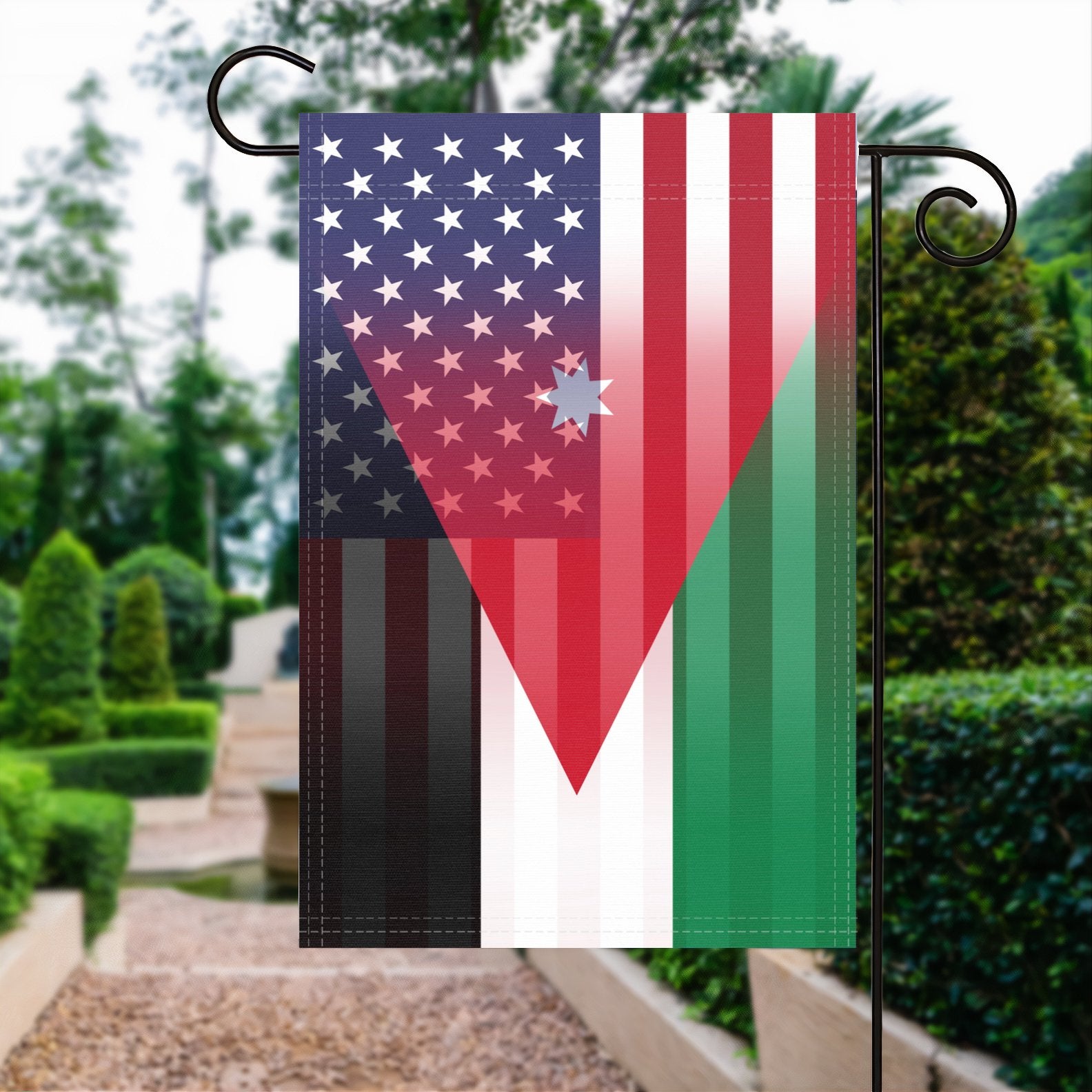 A garden flag with the Jordanian American flag design seamlessly blended with the American flag, displayed in a garden.