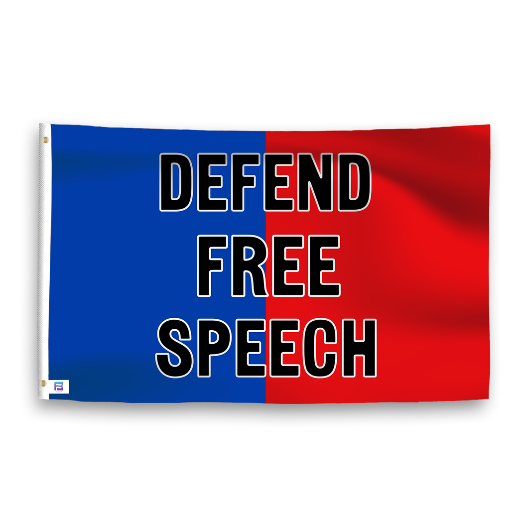 A dual-tone flag containing a political slogan, with a smooth royal blue and deep crimson texture. 