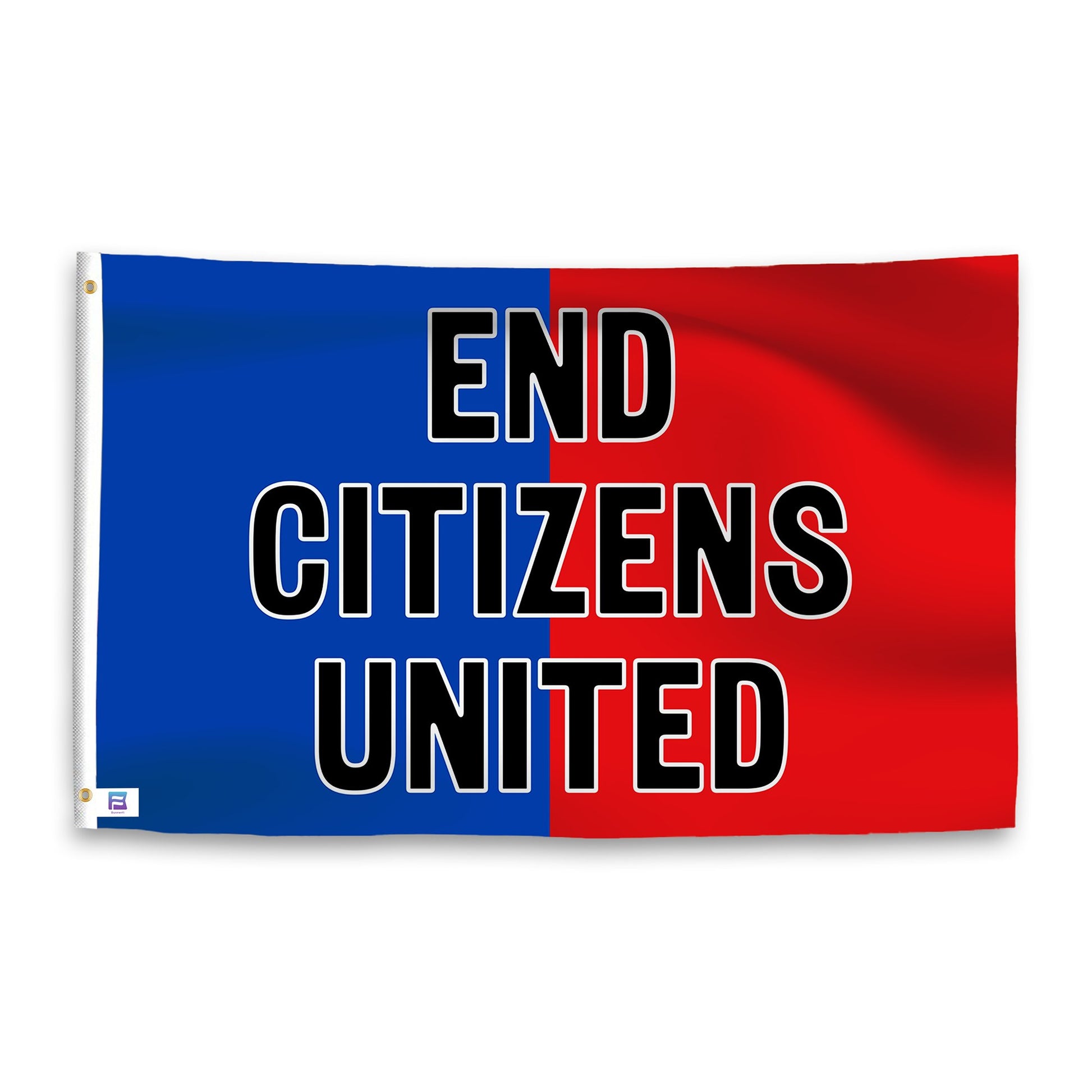 A dual-tone flag containing a political slogan, with a smooth royal blue and deep crimson texture. 