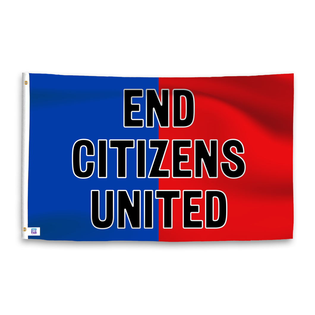 A dual-tone flag containing a political slogan, with a smooth royal blue and deep crimson texture. 