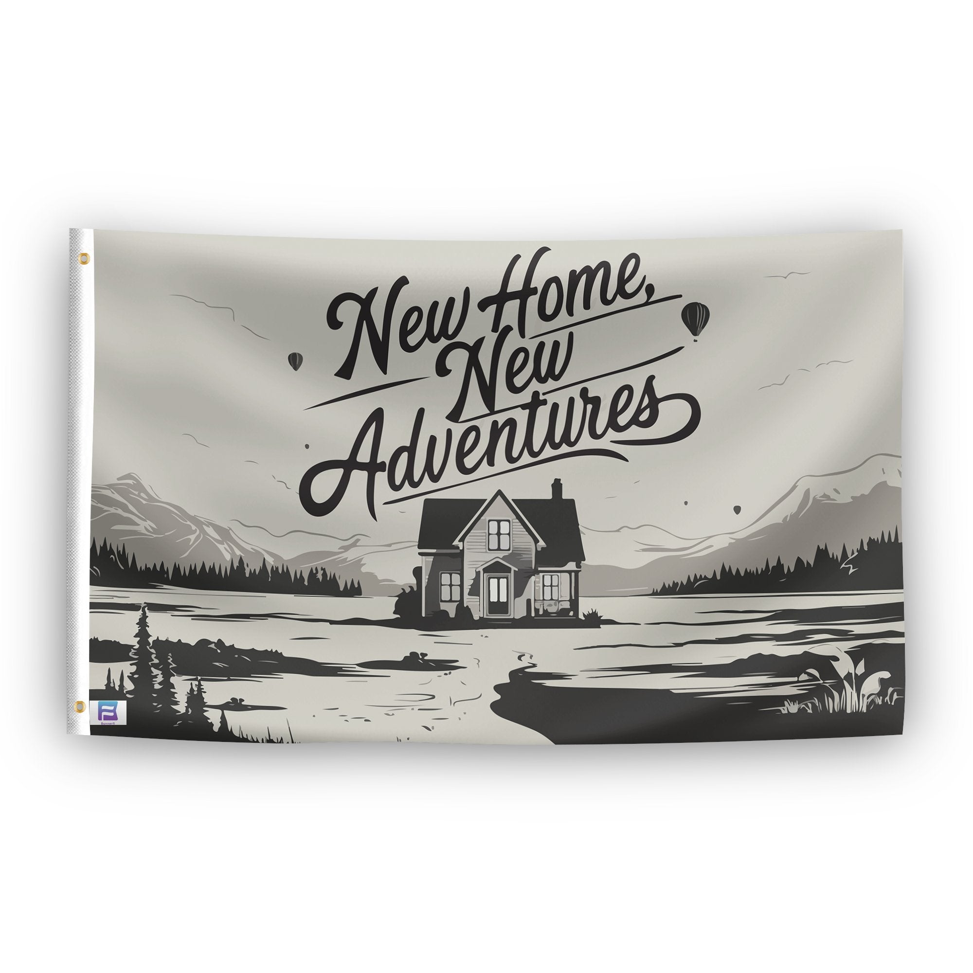 A flag with the saying "New Home New Adventures", with a special occasion color scheme.