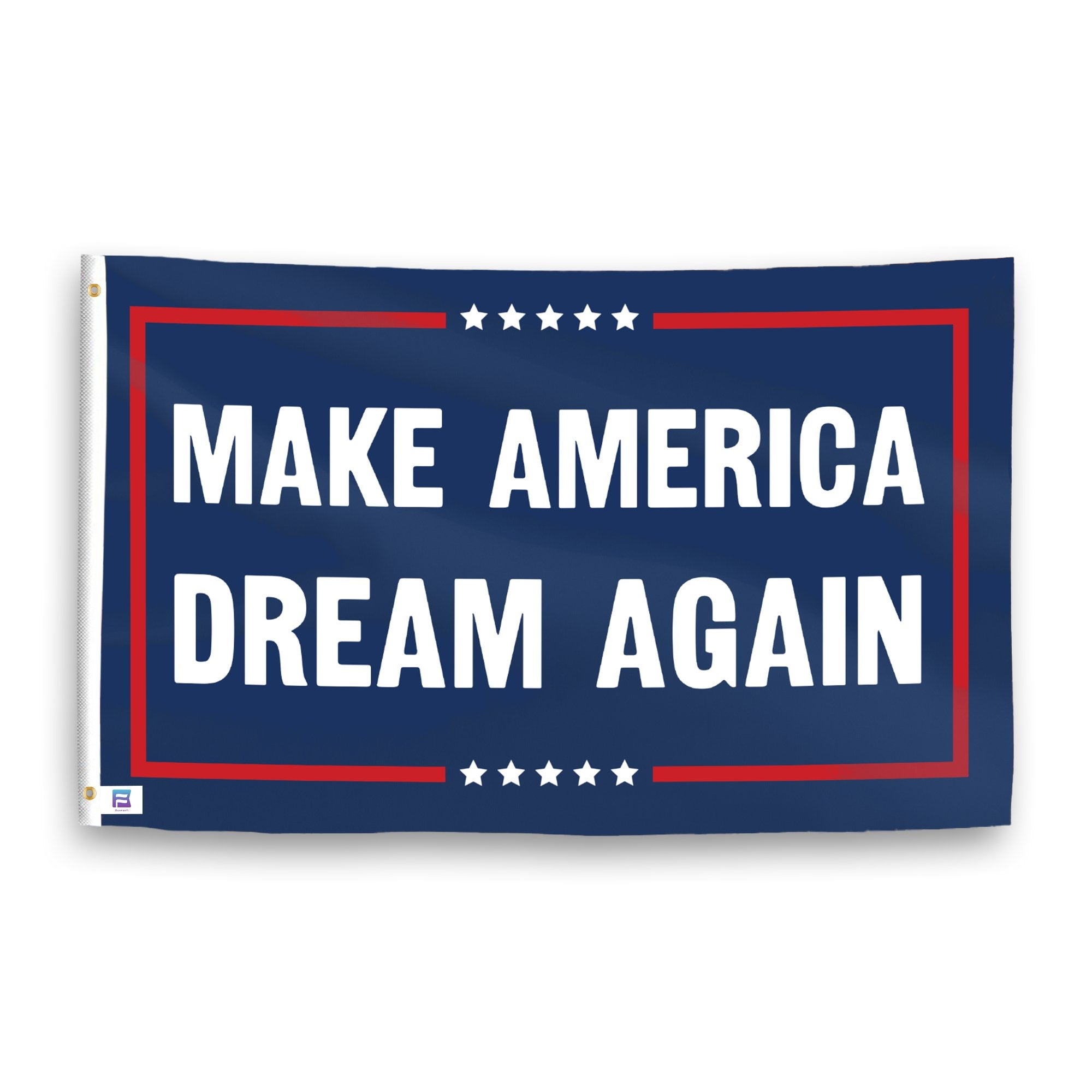 A political flag with the saying "https://www.dropbox.com/scl/fi/wzjz4uw7n9ac32j9vzq43/make-america-dream-again_ripple.png?rlkey=chhf7l8dlsae9mea8nwxg9stw&raw=1", with a red, white, and blue color scheme.