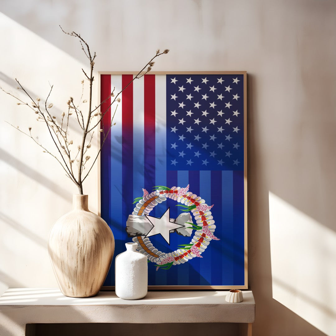 Blended US and Northern Mariana Islands flag print in a wooden frame, showcasing American stars & stripes merged with Northern Mariana Islands’s emblem, displayed on a tabletop.