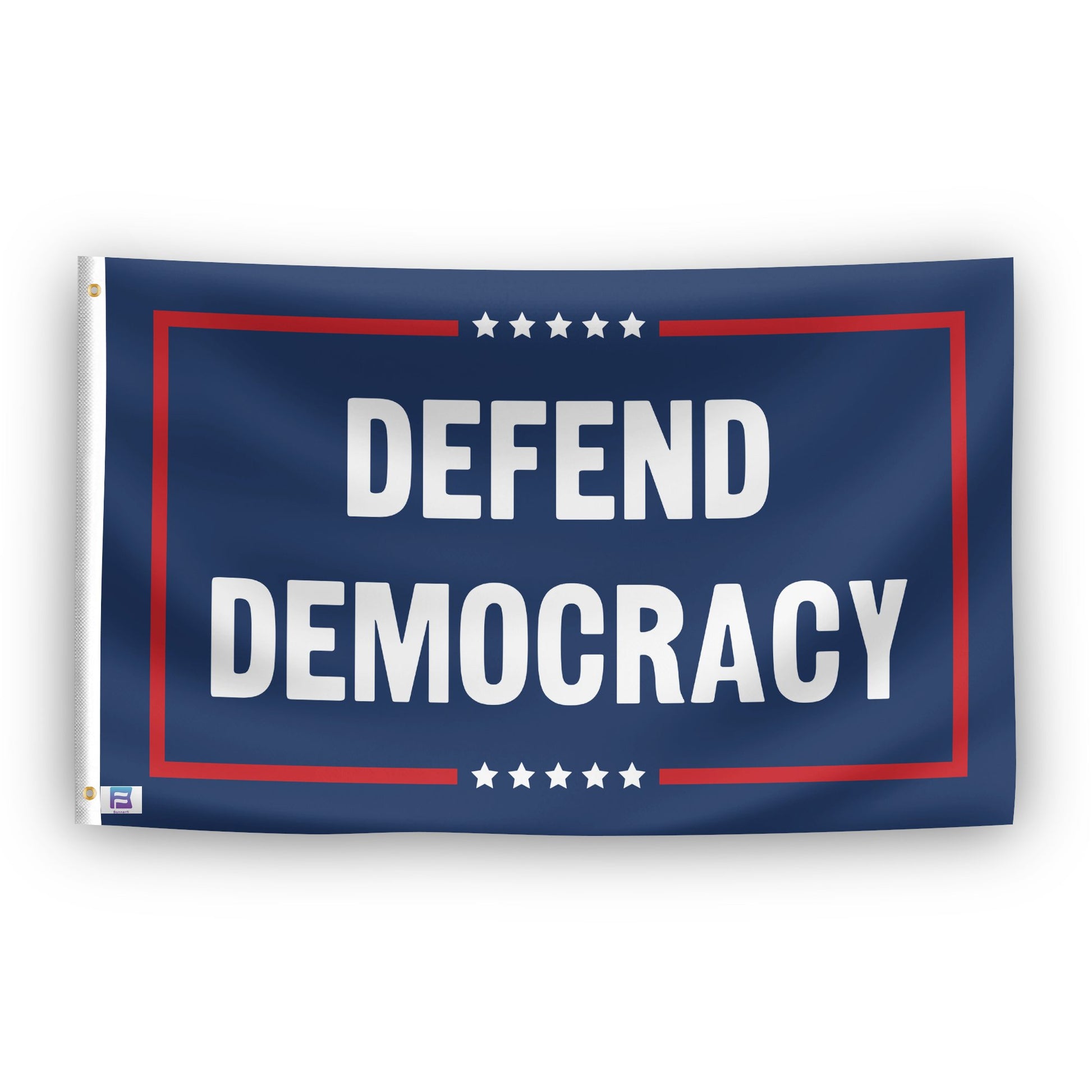 A political flag with the saying "Defend Democracy Political", with a red, white, and blue color scheme.