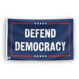 A political flag with the saying "Defend Democracy Political", with a red, white, and blue color scheme.