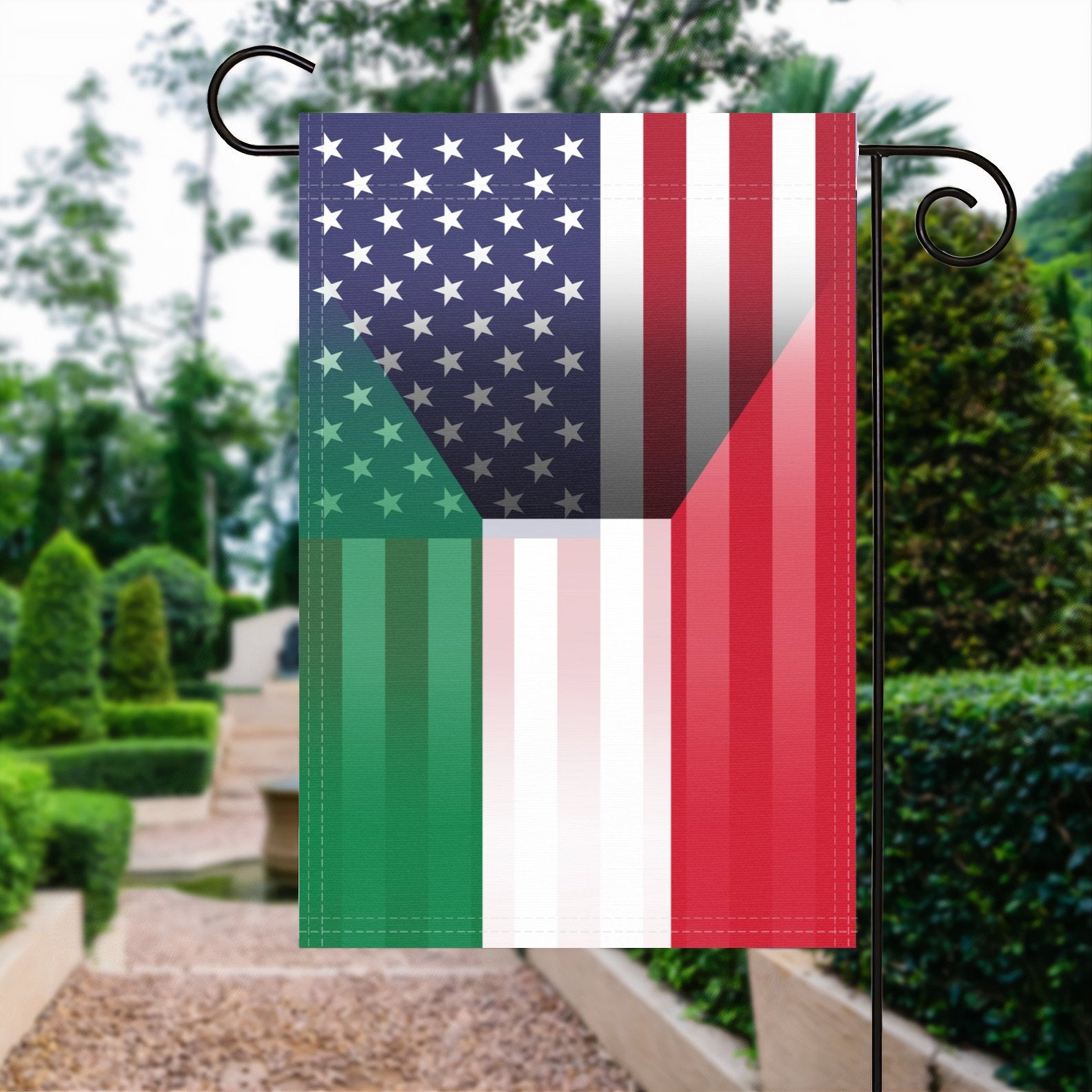 A garden flag with the Kuwaiti American flag design seamlessly blended with the American flag, displayed in a garden.
