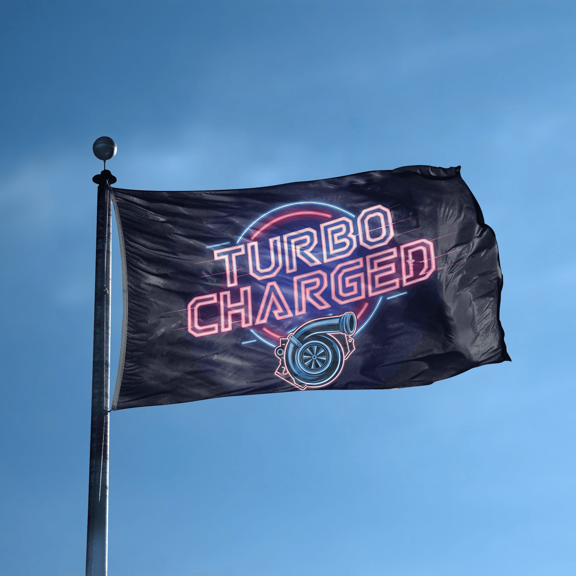 A flag with the saying "Turbo Charged" displayed on a high pole, with a neon style color scheme.