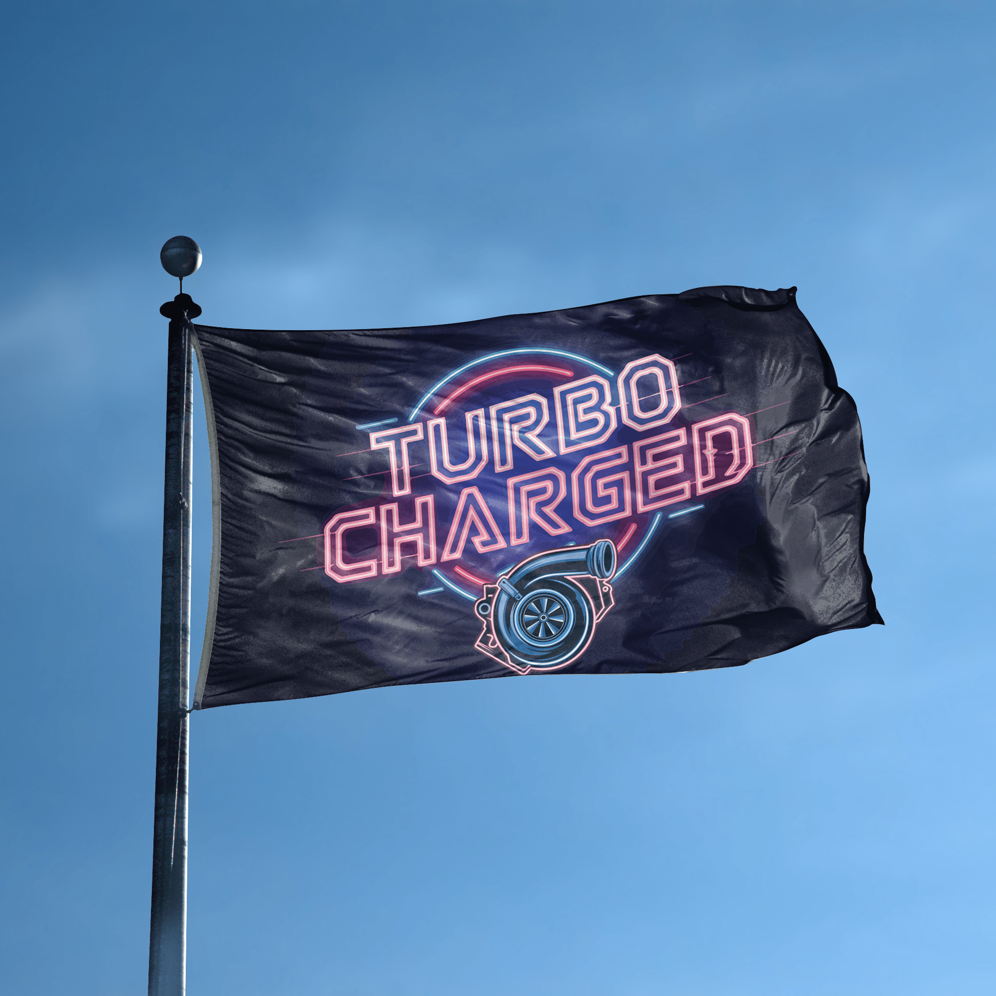 A flag with the saying "Turbo Charged" displayed on a high pole, with a neon style color scheme.