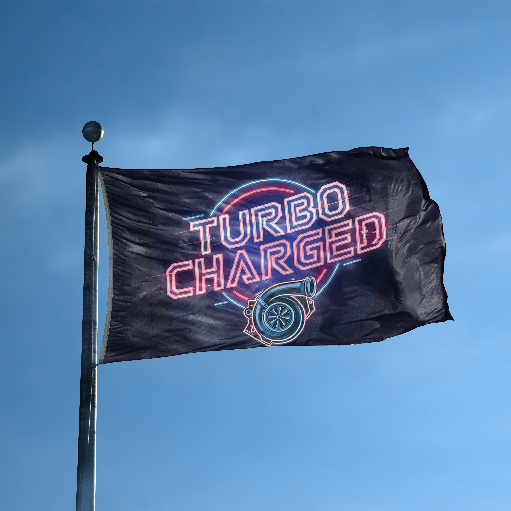 A flag with the saying "Turbo Charged" displayed on a high pole, with a neon style color scheme.