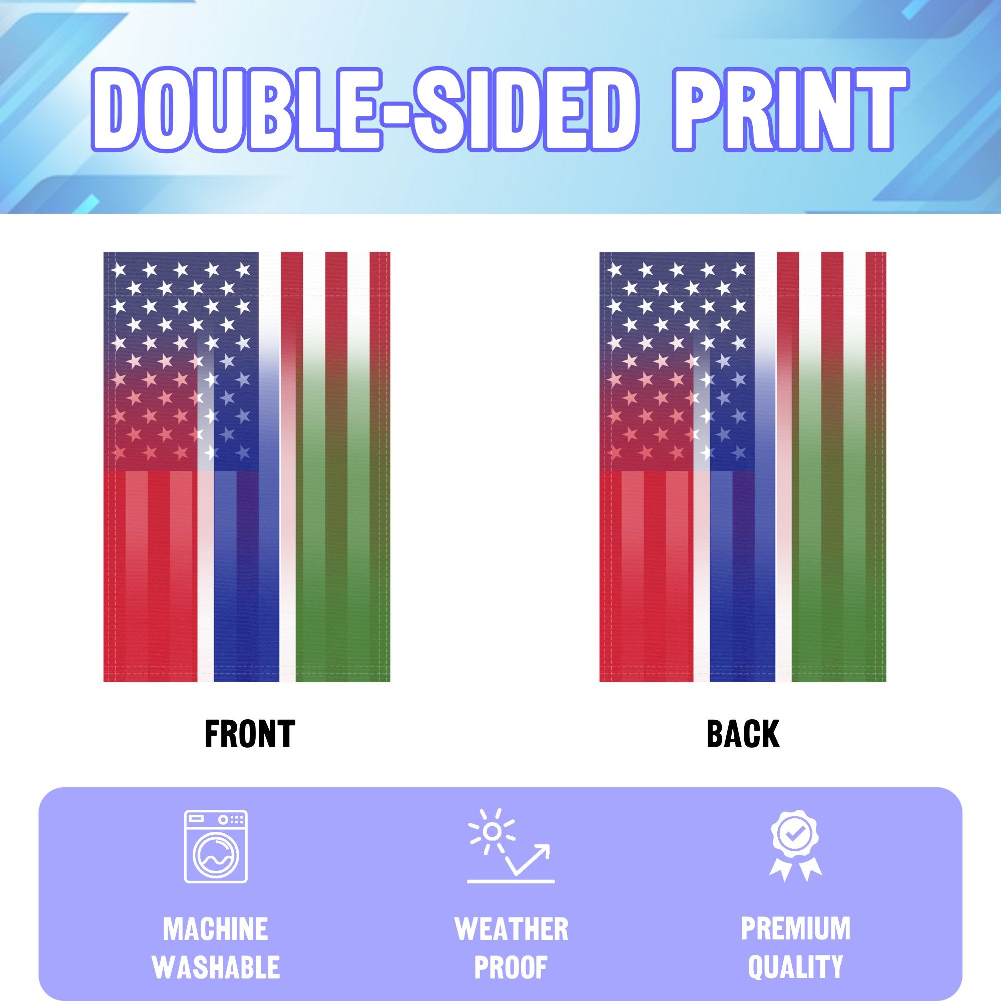 An infographic showing the double sided and high quality characteristics of the Gambian American American hybrid garden flag.