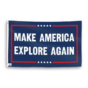 A political flag with the saying "https://www.dropbox.com/scl/fi/yy9axv2yeaetjzqmulm1t/make-america-explore-again_ripple.png?rlkey=evotjs77cth5q3sqxeb5bpvwg&raw=1", with a red, white, and blue color scheme.