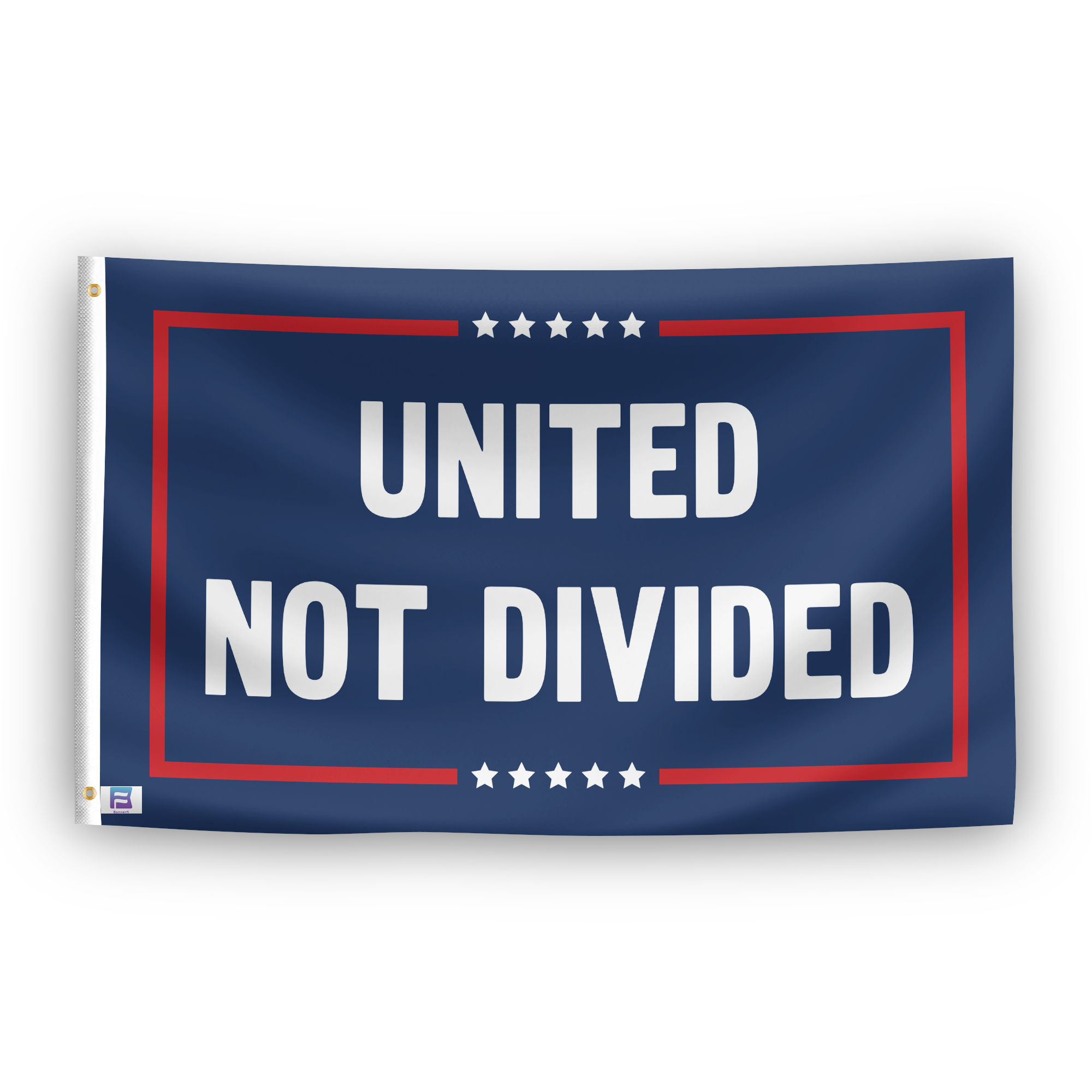 A political flag with the saying "United Not Divided Political", with a red, white, and blue color scheme.