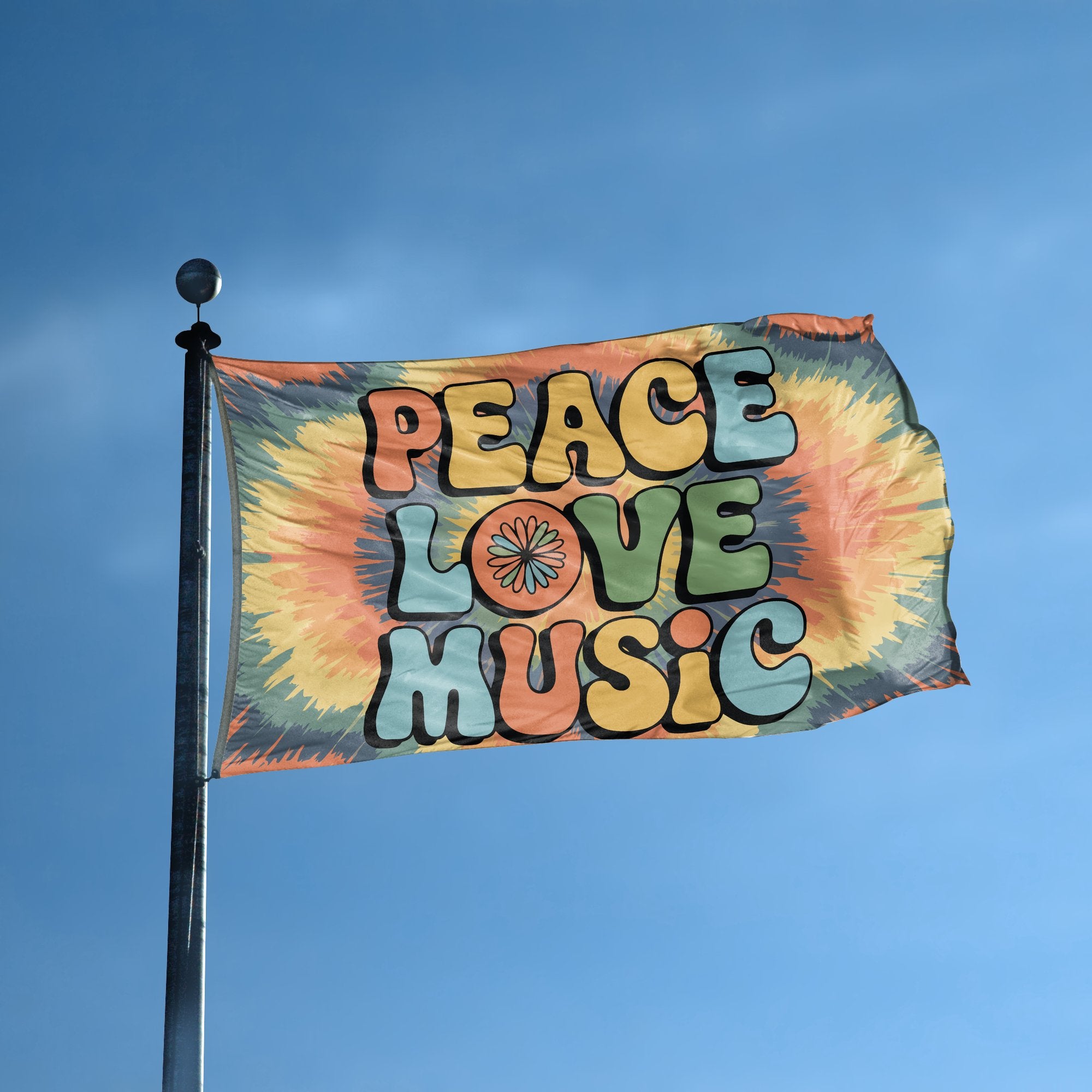 A flag with the saying "Peace Love Music" displayed on a high pole, with a tie dye style color scheme.