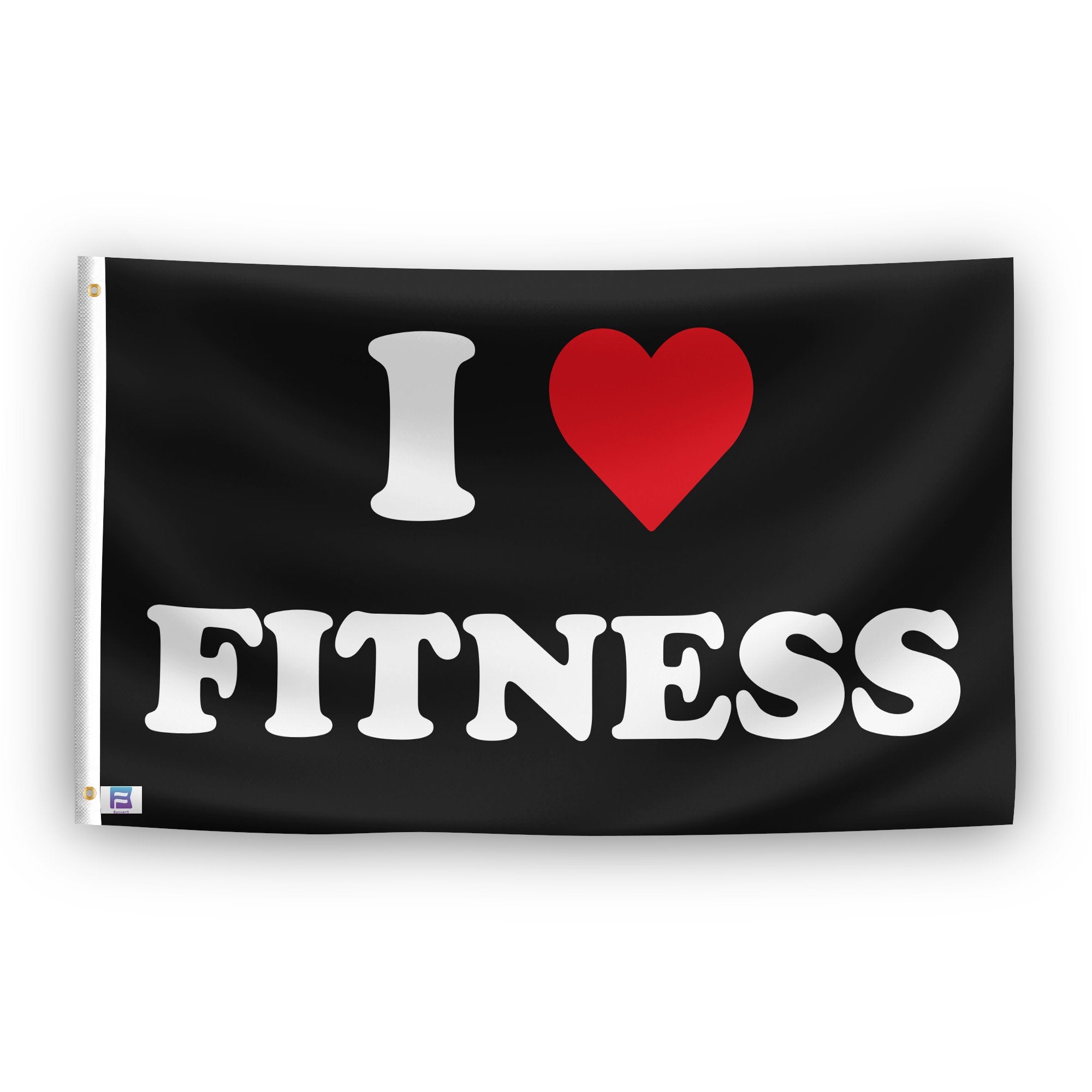 A flag with the saying "I Love Fitness", with a black, white and red color scheme.