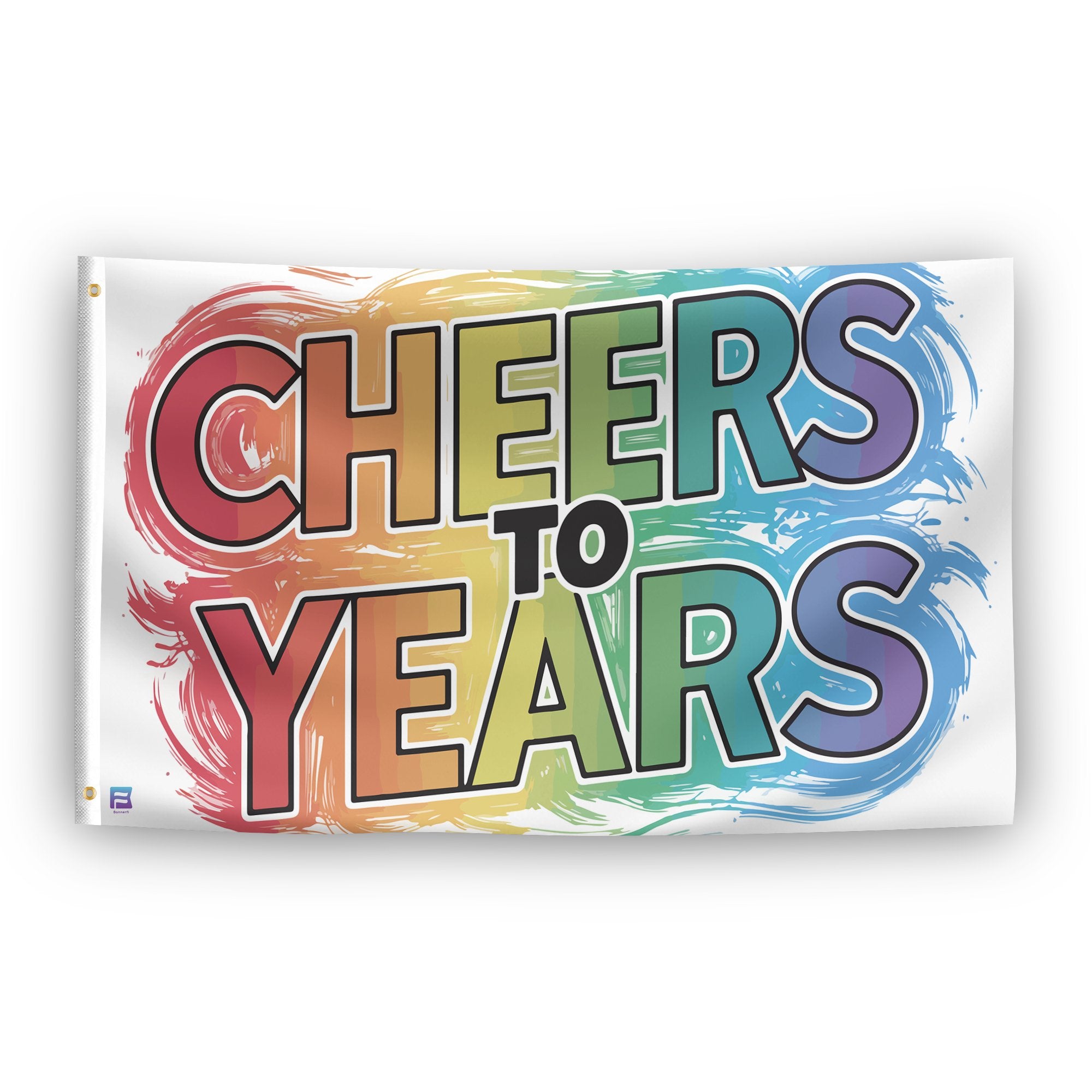 A flag with the saying "Cheers To Years", with a special occasion color scheme.