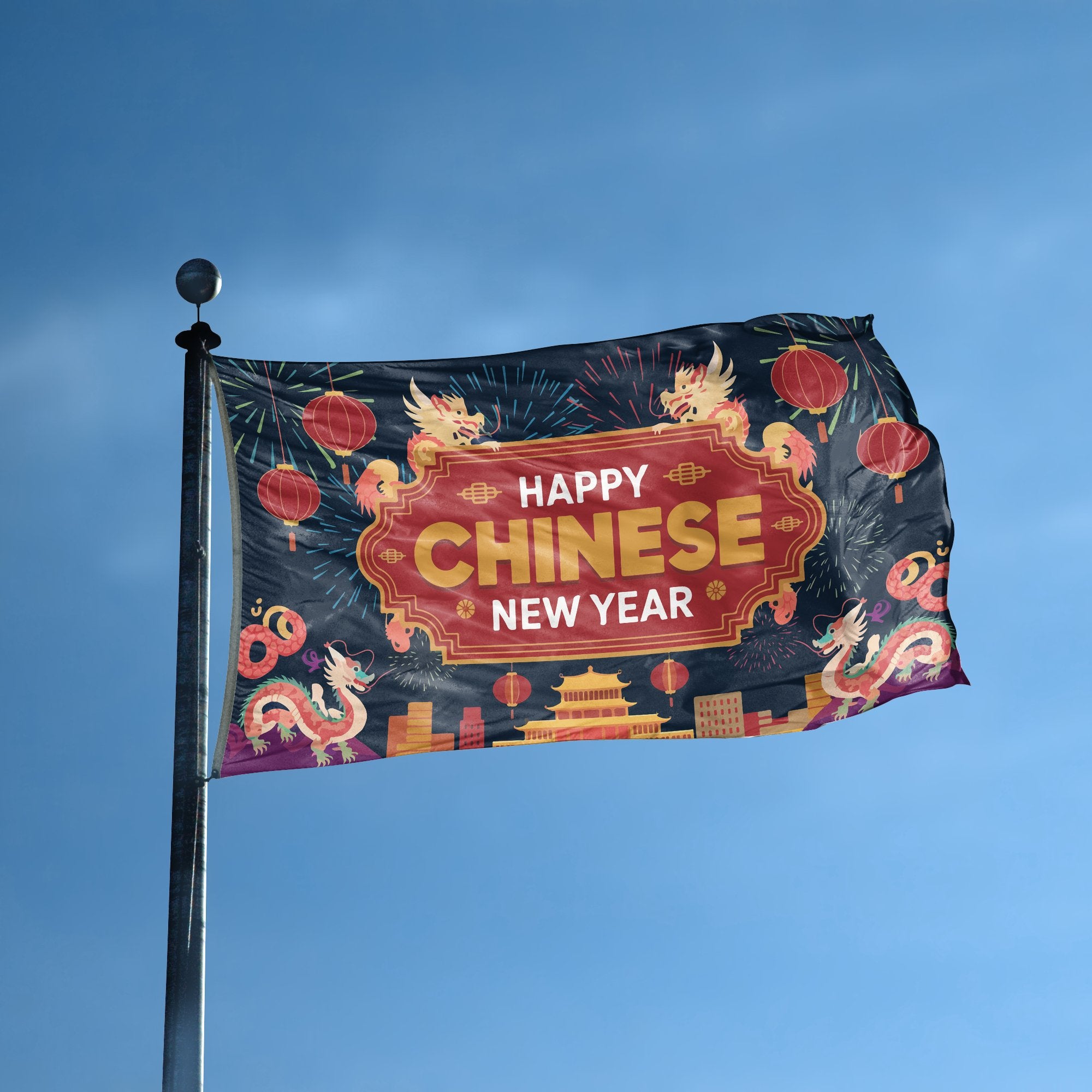 A flag with the saying "Happy Chinese New Year" displayed on a high pole, with a holiday themed color scheme.