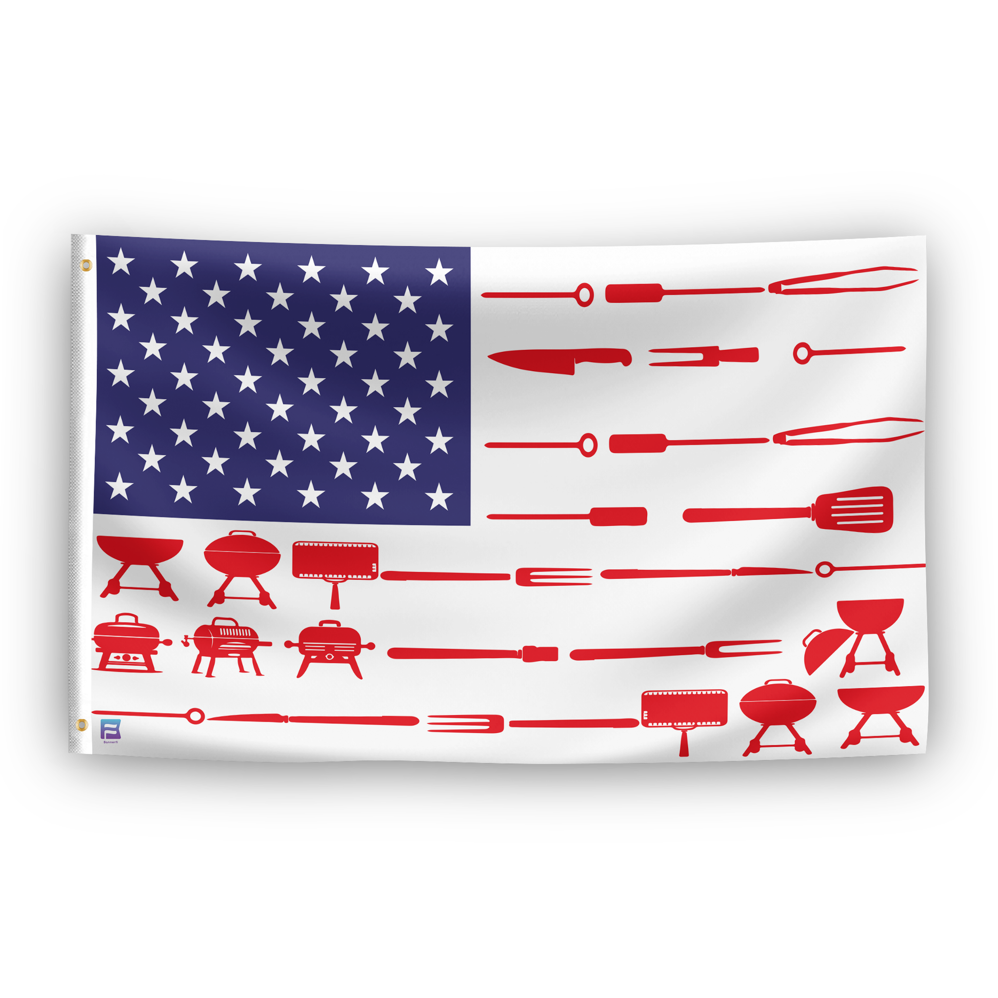 An american flag with the red stripes changed to match the theme "BBQ Stripes American".