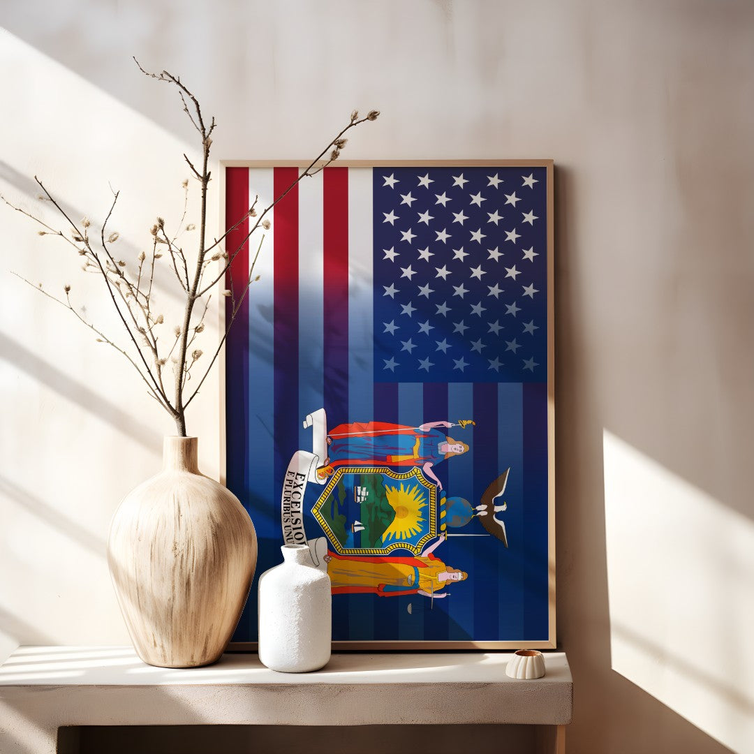 Blended US and New York flag print in a wooden frame, showcasing American stars & stripes merged with New York’s emblem, displayed on a tabletop.