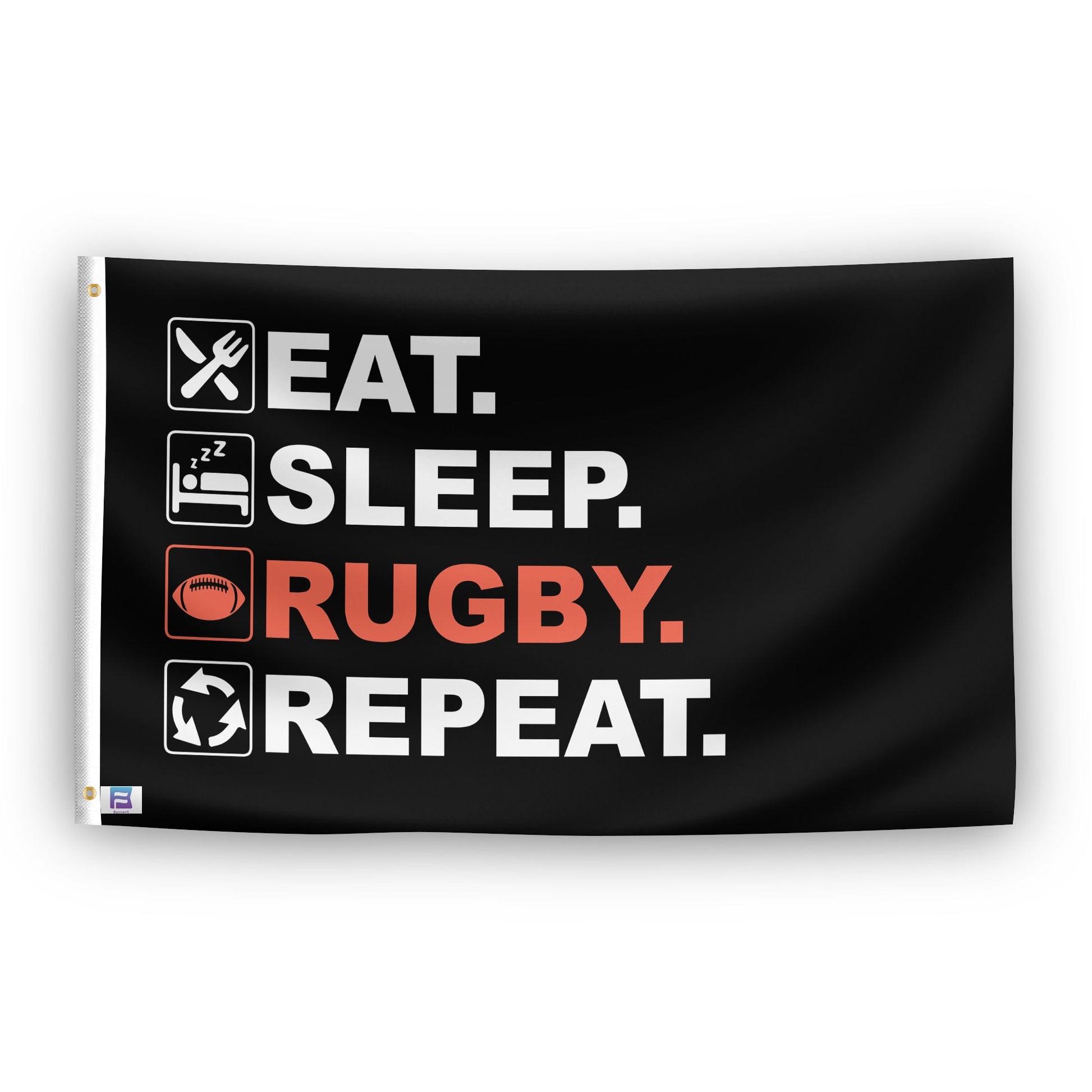 A flag with the saying "Eat Sleep Rugby Repeat", with a black, white and themed color scheme.