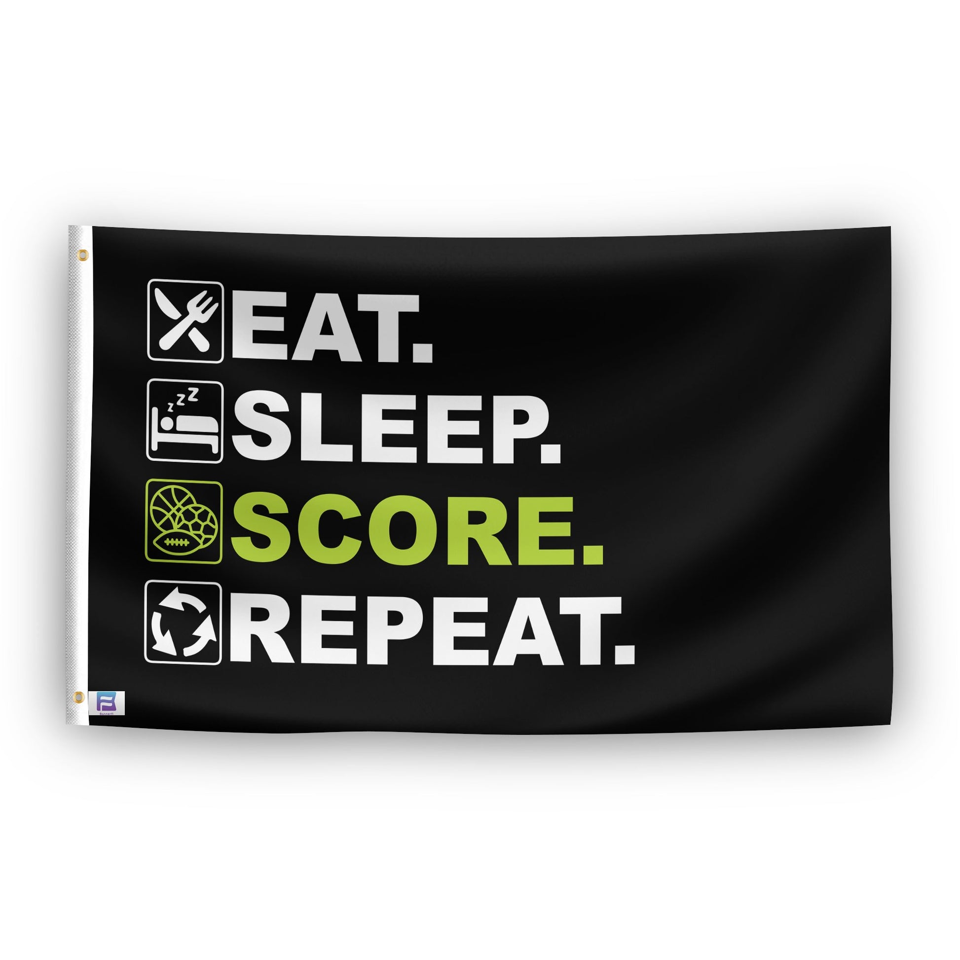 A flag with the saying "Eat Sleep Score Repeat", with a black, white and themed color scheme.