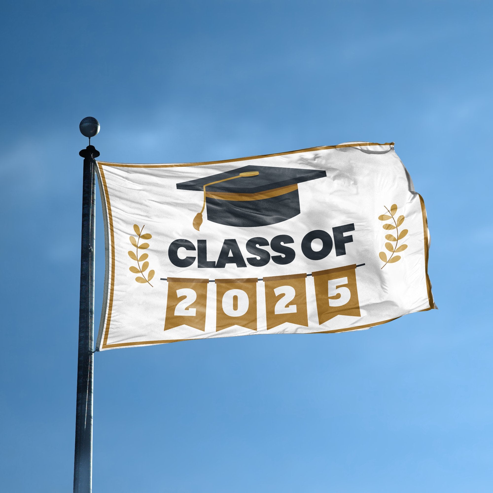 A flag with the saying "Class Of 2025" displayed on a high pole, with a special occasion color scheme.