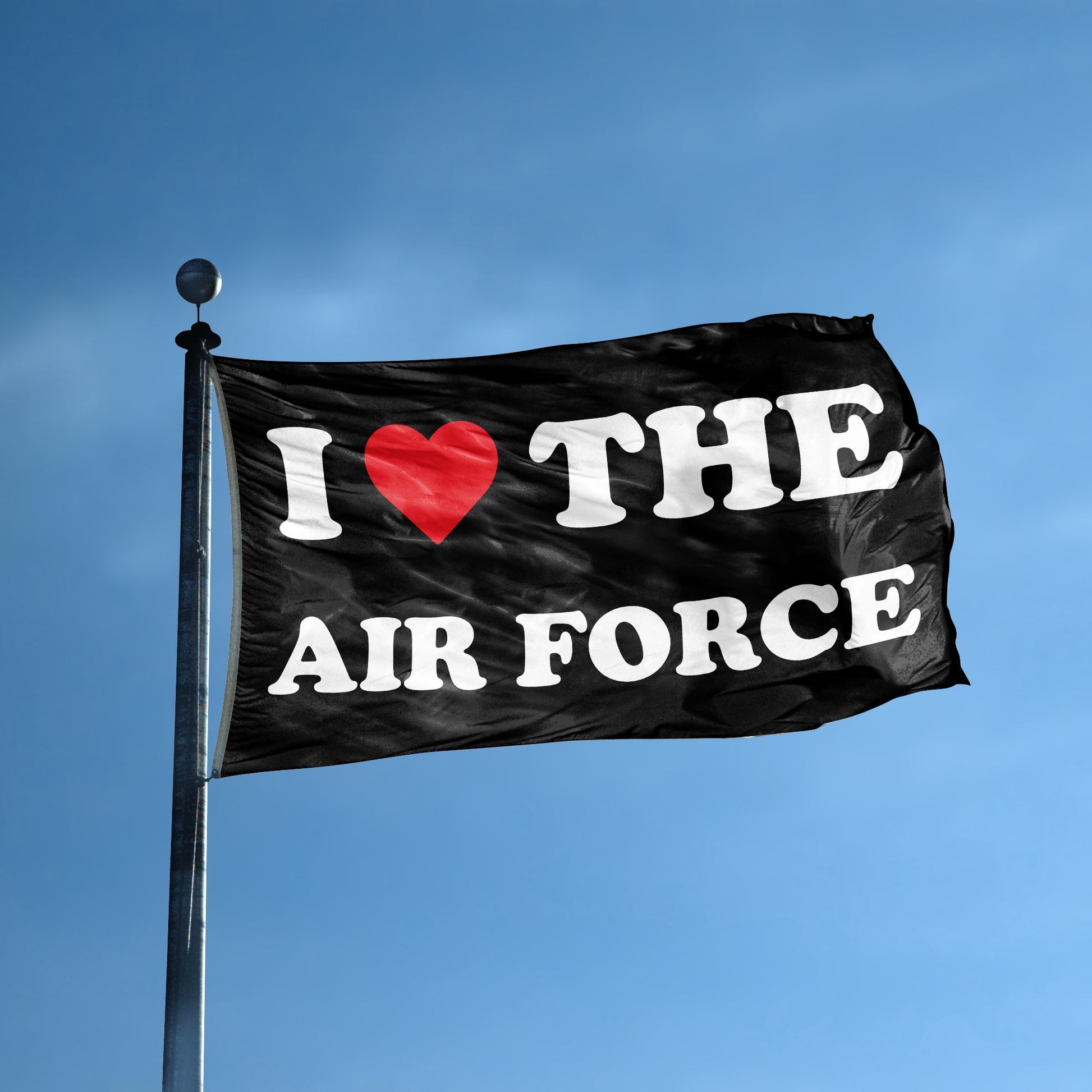 A flag with the saying "I Love The Air Force" displayed on a high pole, with a black, white and red color scheme.