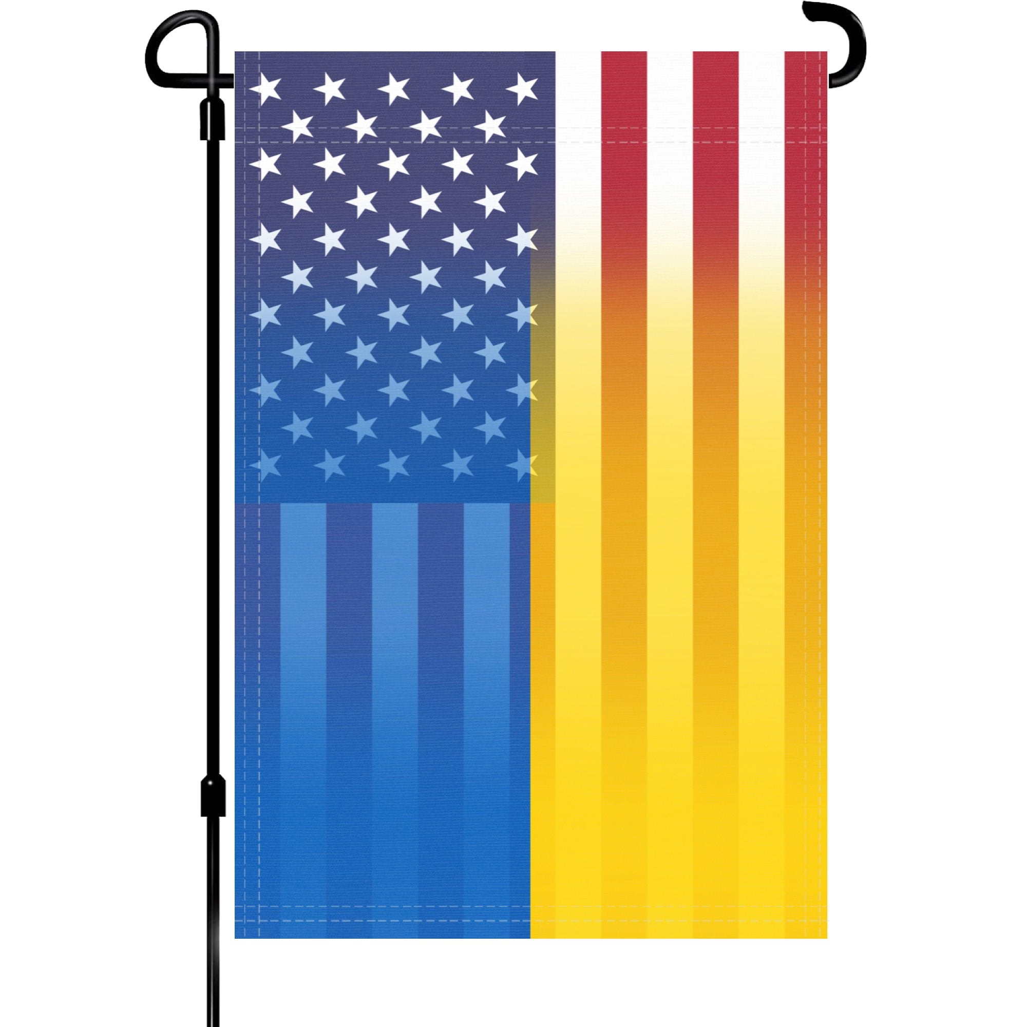 A garden flag on a pole with the Ukrainian American flag design seamlessly blended with the American flag.