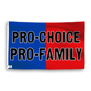 A dual-tone flag containing a political slogan, with a smooth royal blue and deep crimson texture. 