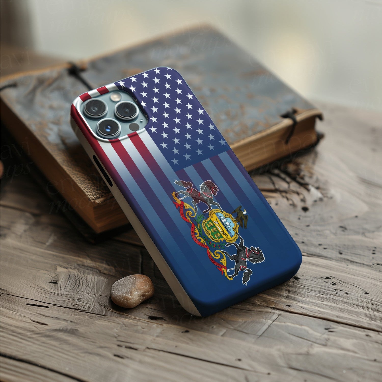 Digital download of a blended US and Pennsylvania flag on a phone case, merging American stars & stripes with Pennsylvania’s emblem.