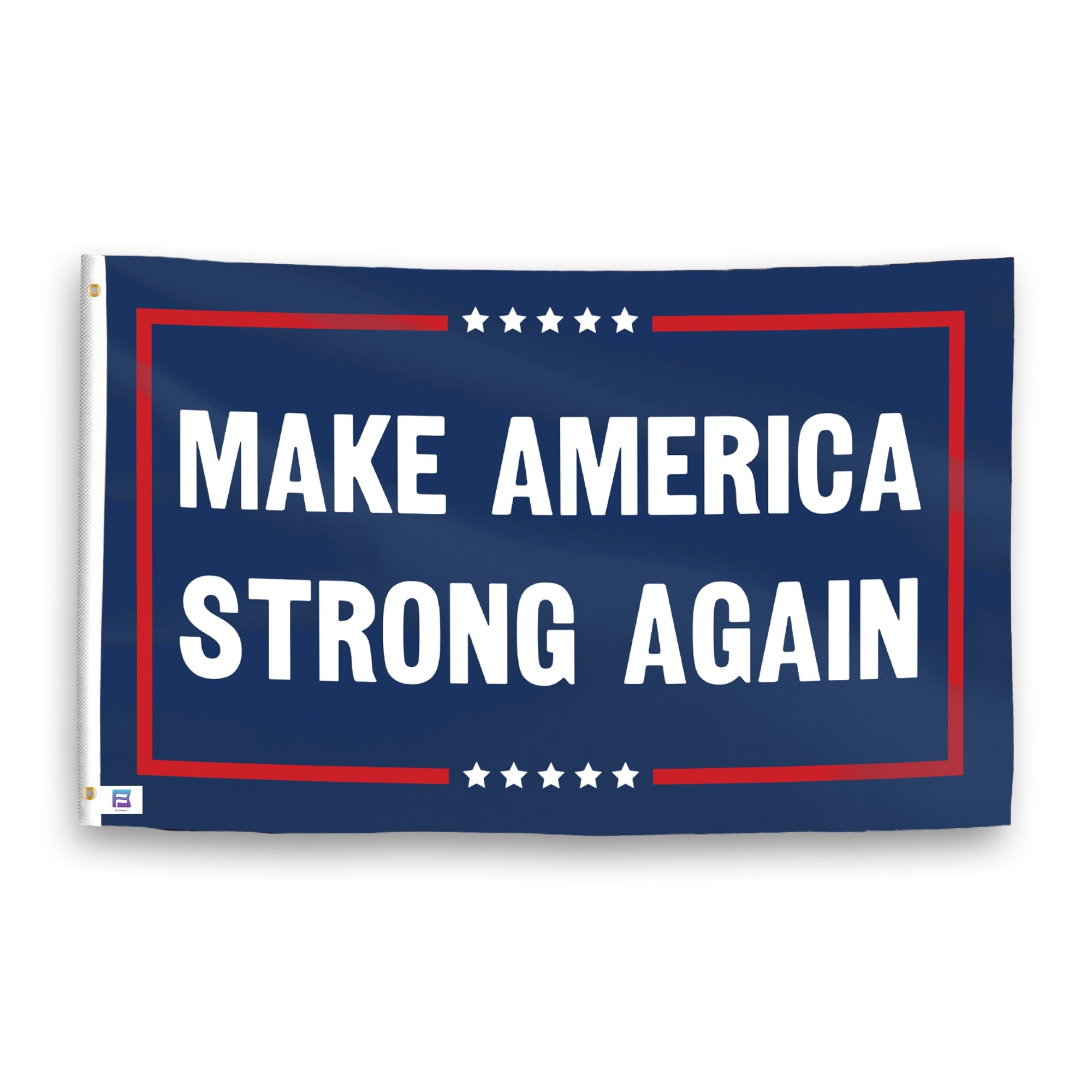 A political flag with the saying "https://www.dropbox.com/scl/fi/xrm4bvmsgj91xx27j72b1/make-america-strong-again_ripple.png?rlkey=z83dol8vostopcqezv65384tw&raw=1", with a red, white, and blue color scheme.