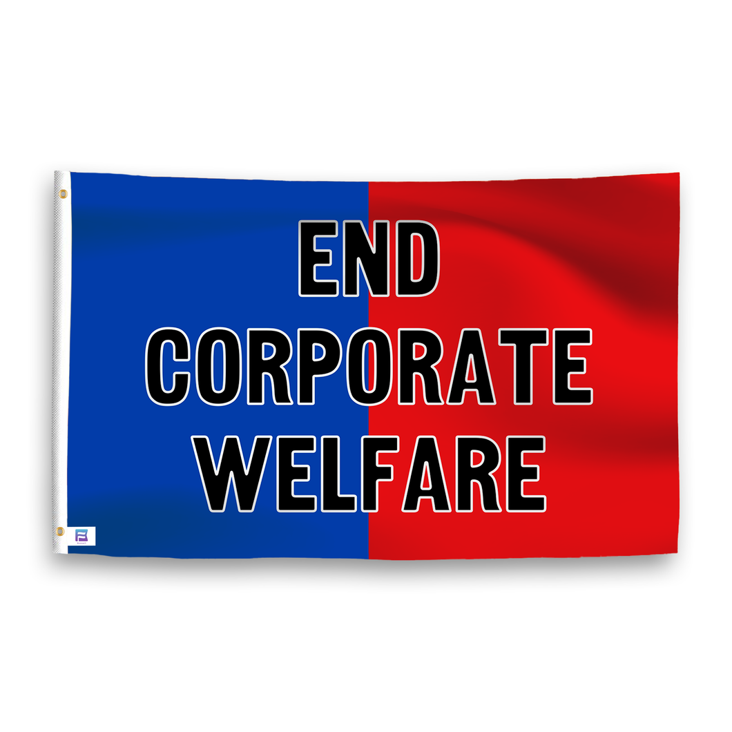 A dual-tone flag containing a political slogan, with a smooth royal blue and deep crimson texture. 