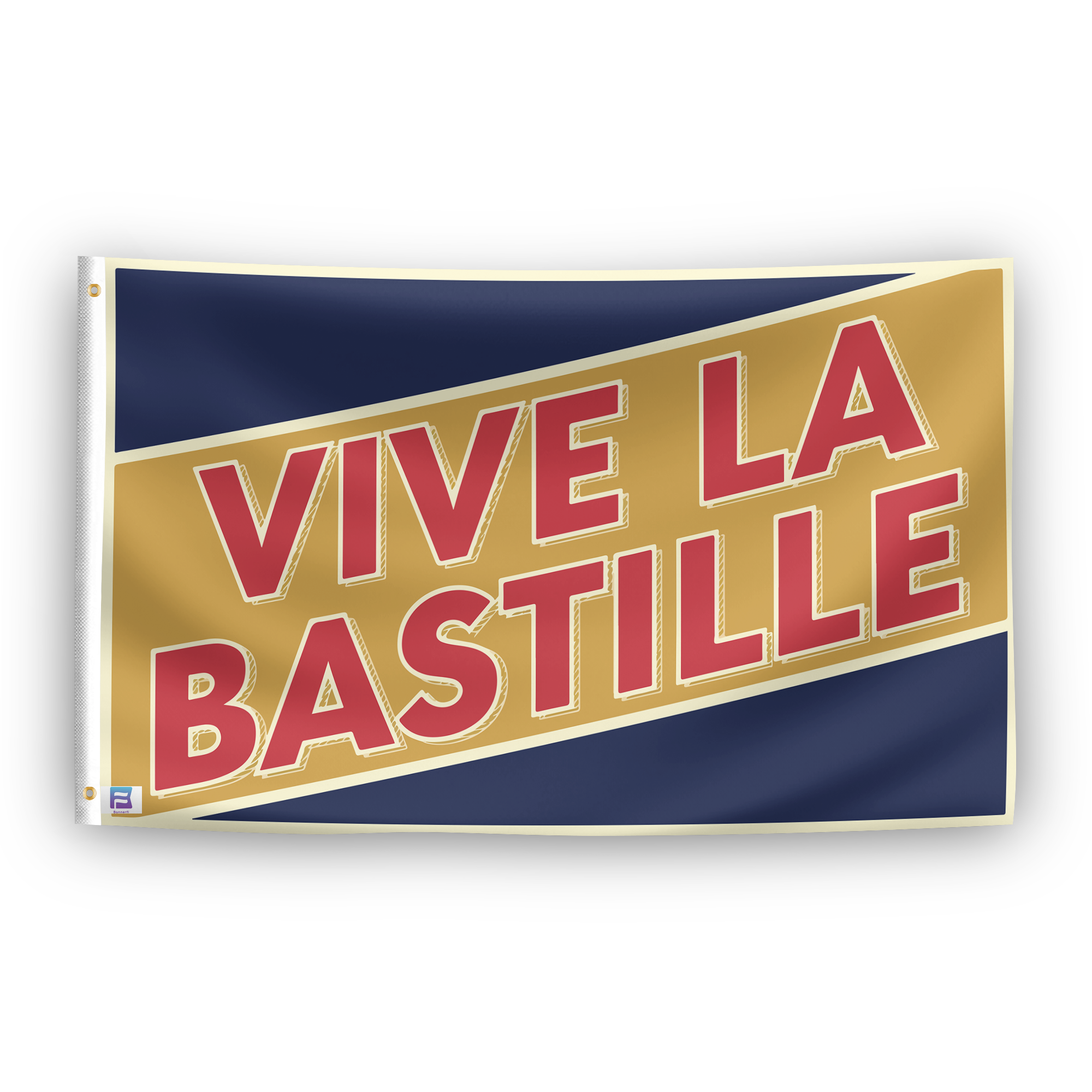 A flag with the saying "Vive La Bastille Holiday", with a holiday themed color scheme.