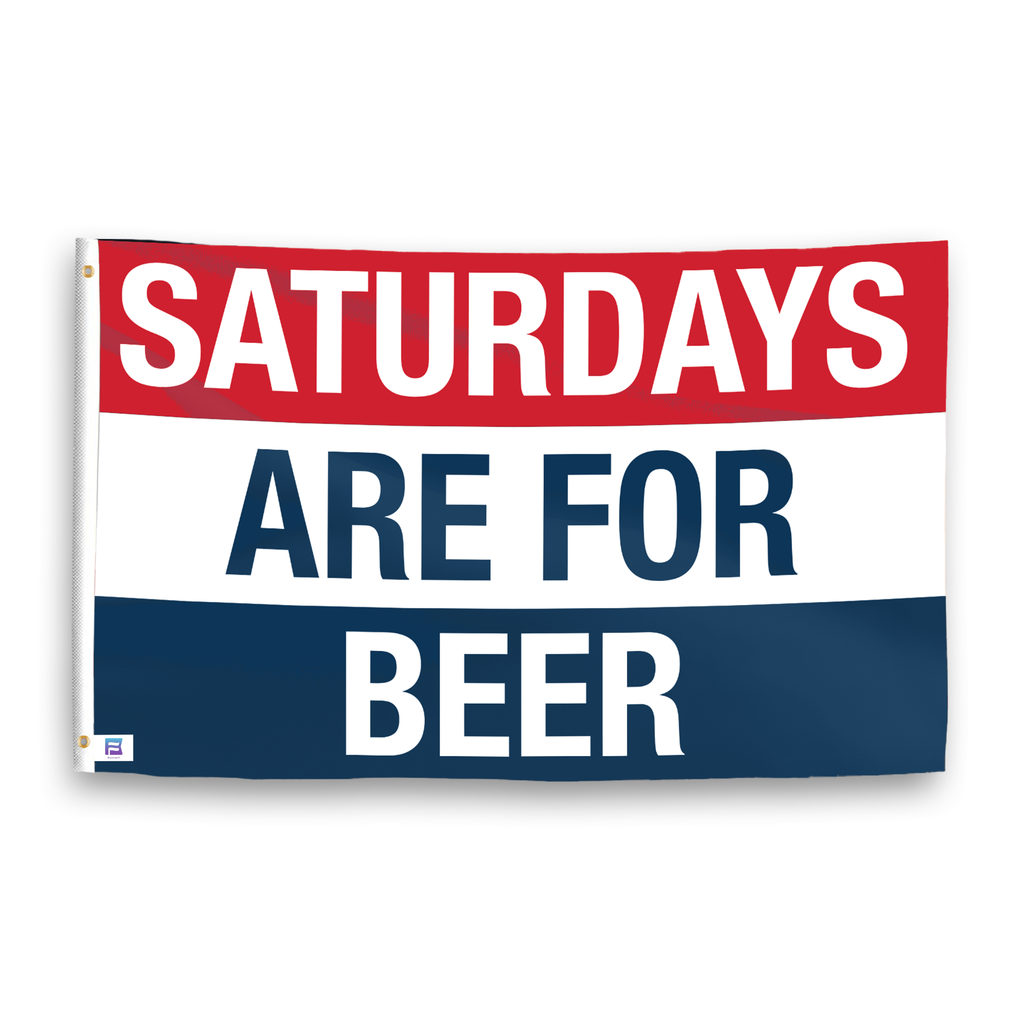 A flag with the saying "https://www.dropbox.com/scl/fi/ls5ktyz3ndf48y74aq17a/saturdays-are-for-beer_ripple.png?rlkey=tkdh1q0z717g9jxree0ln6hho&raw=1", with a red, white, and blue color scheme.