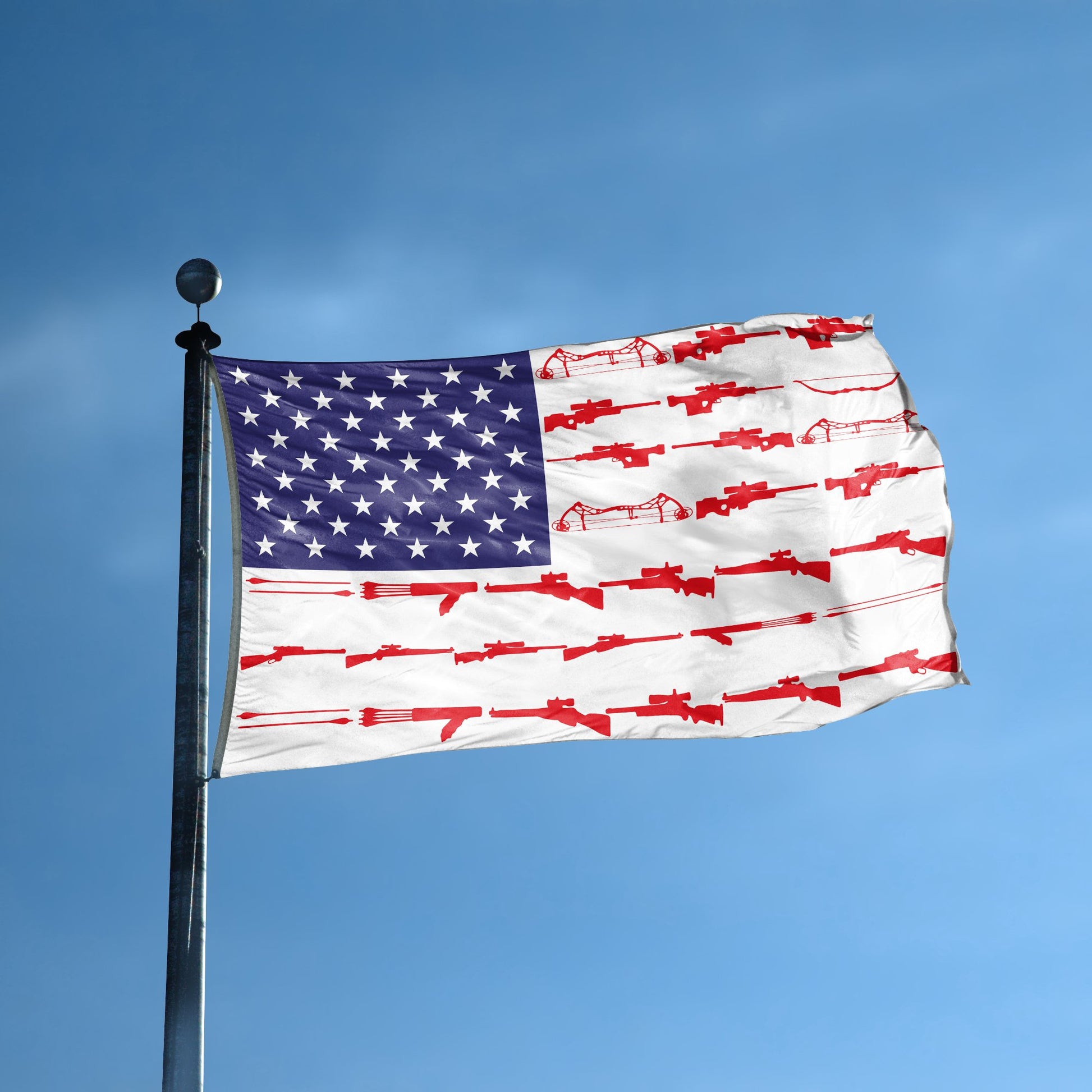 An american flag with the red stripes changed to match the theme "Hunting Gear Stripes American" displayed on a high pole.