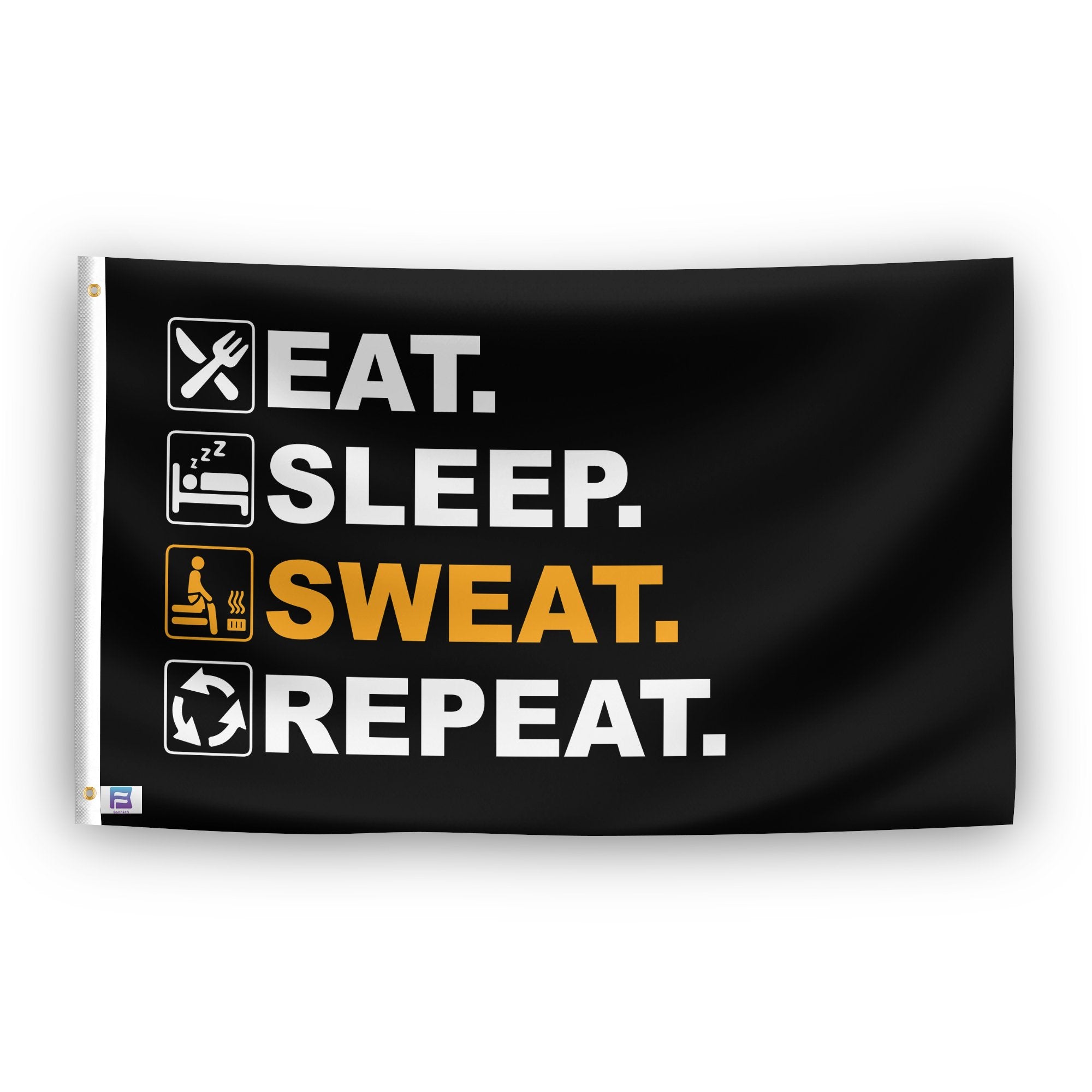 A flag with the saying "Eat Sleep Sweat Repeat", with a black, white and themed color scheme.