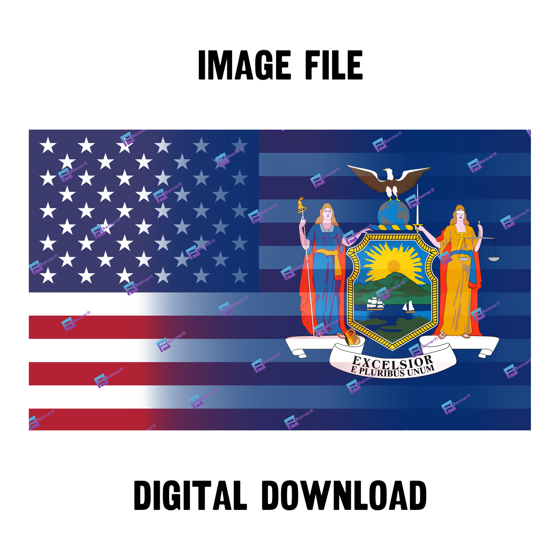 Digital download of a blended US and New York flag, merging American stars & stripes with New York’s colors. 