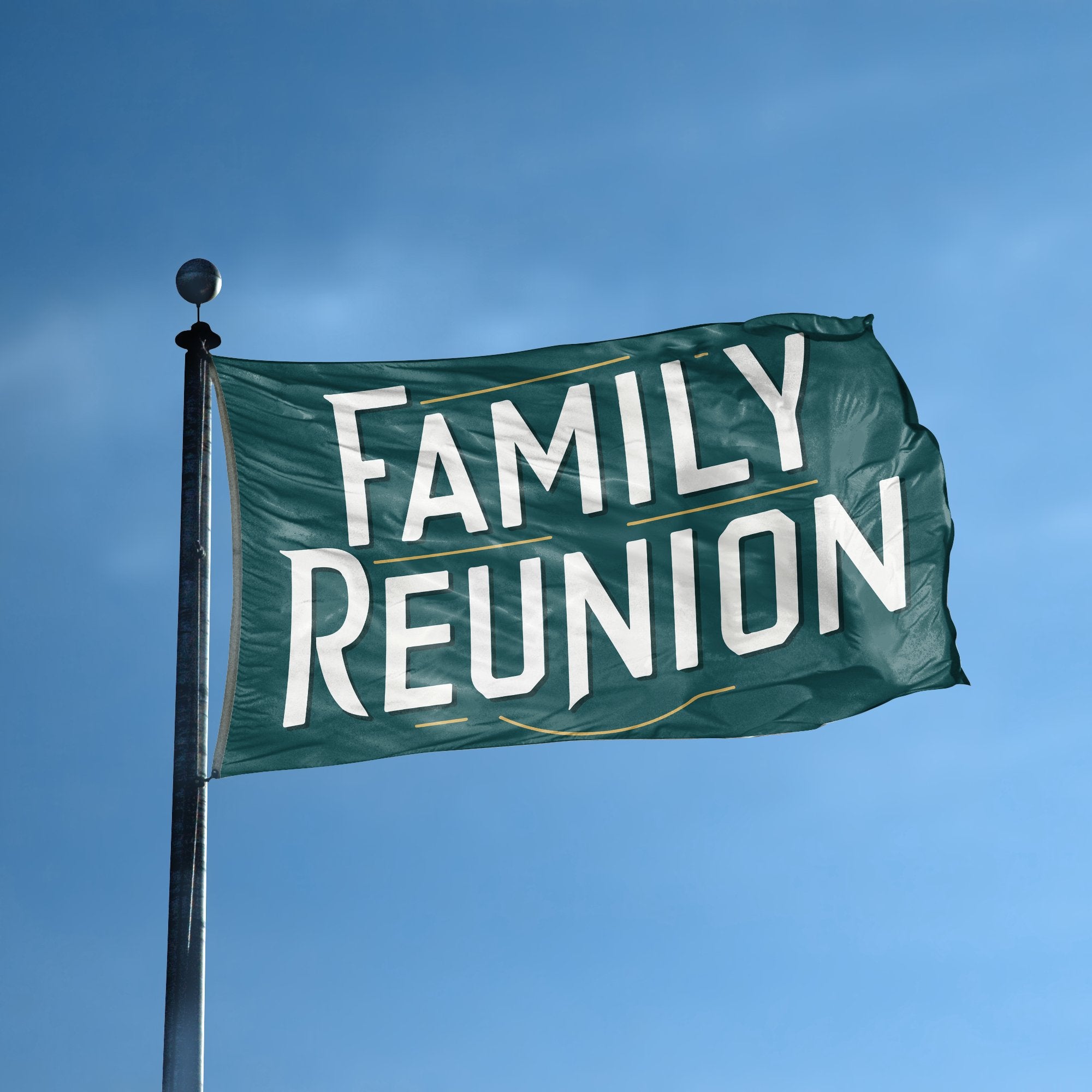 A flag with the saying "Family Reunion" displayed on a high pole, with a special occasion color scheme.