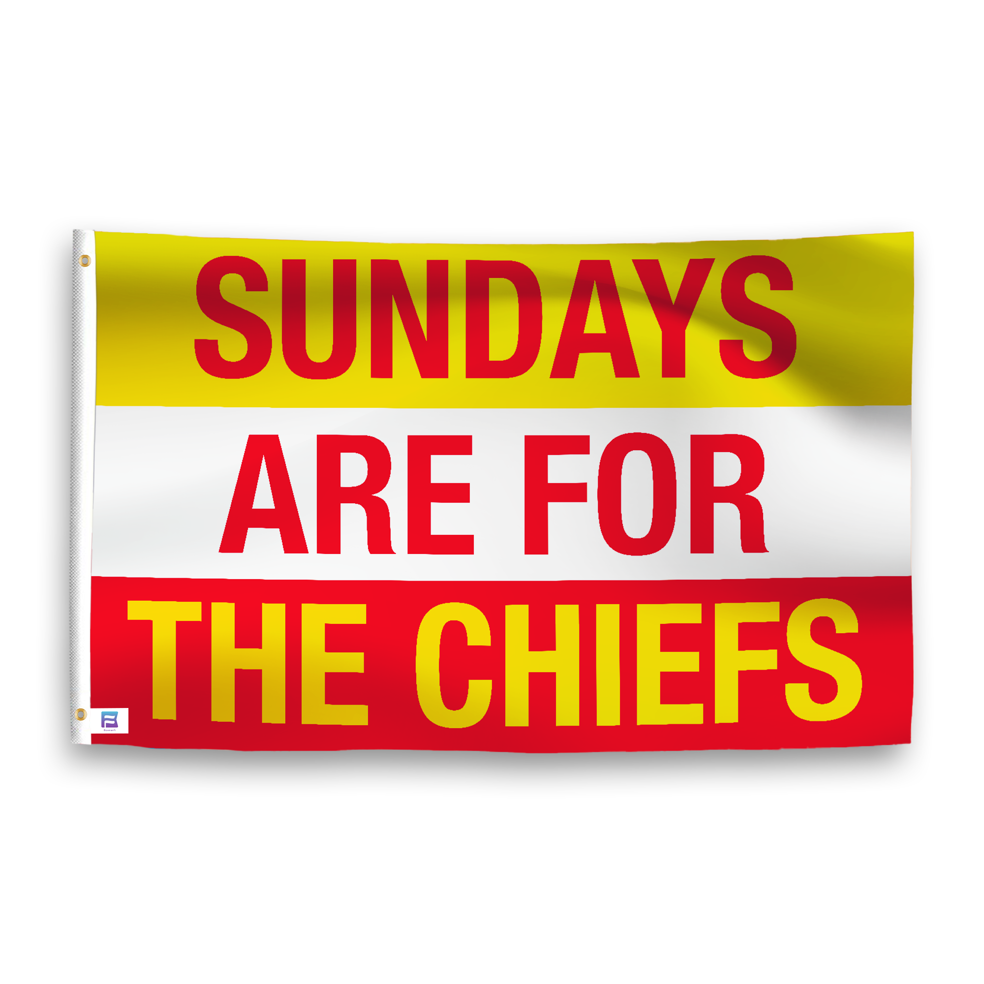 A flag with the saying "https://www.dropbox.com/scl/fi/a7d1n2zeio2027assusvw/sundays-are-for-the-chiefs_ripple.png?rlkey=odr8jvqd91m8o2ygf07hzun52&raw=1", with the sports team color scheme.