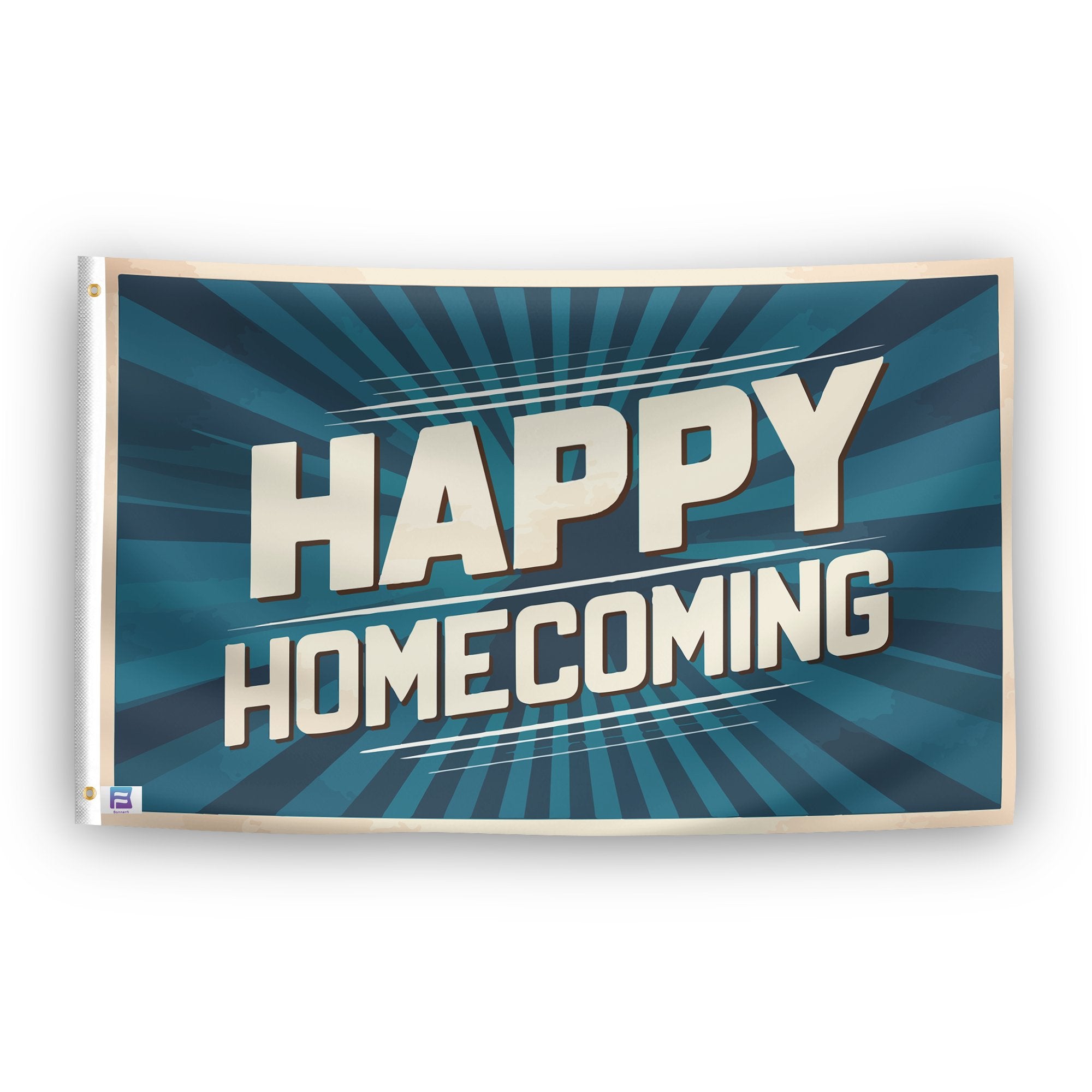 A flag with the saying "Happy Homecoming", with a special occasion color scheme.