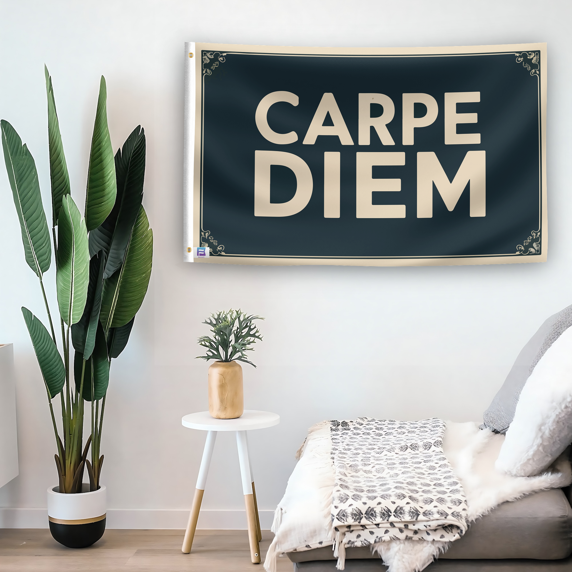 In a home setting, a flag with the saying "Carpe Diem" is mounted on a white wall by a side table.