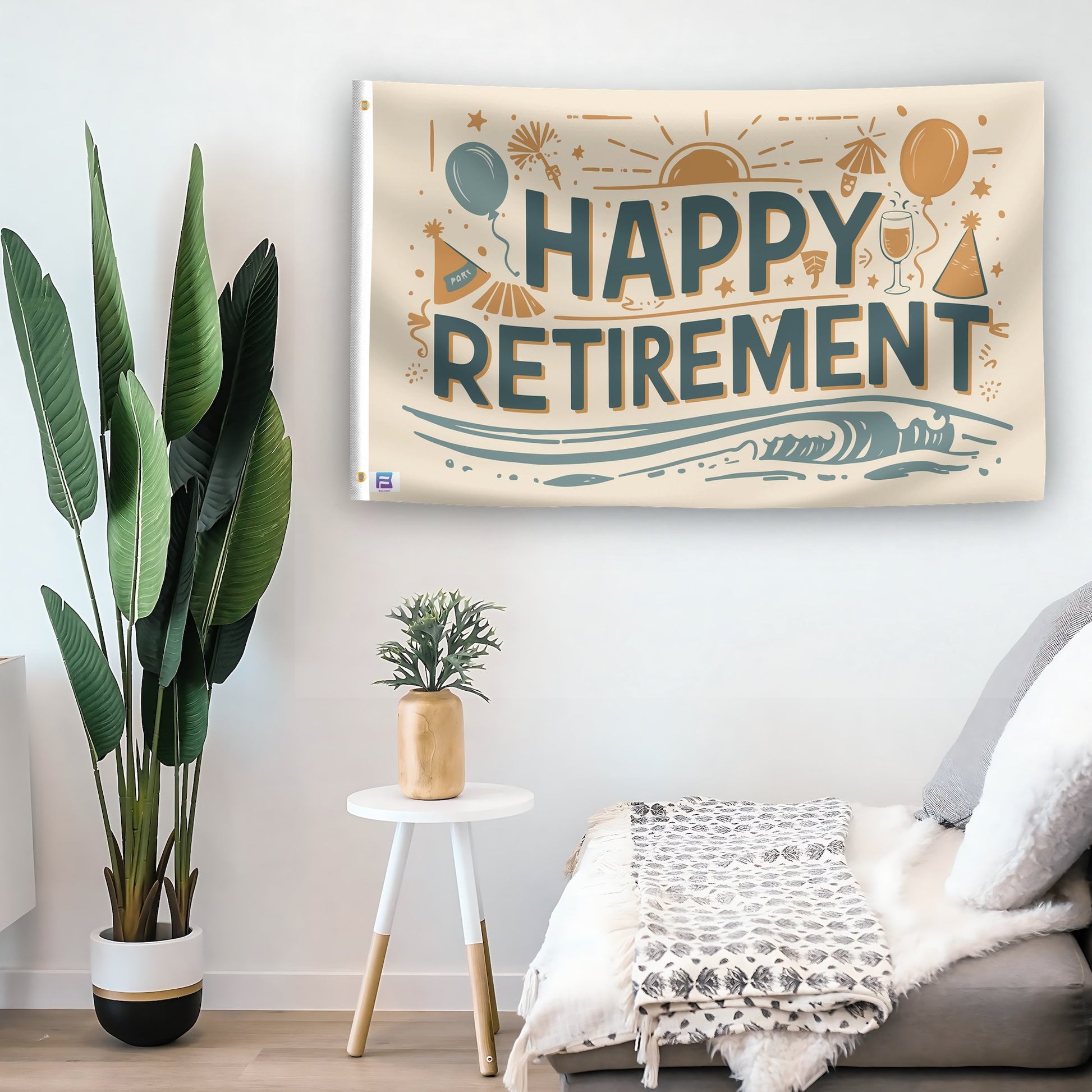 In a home setting, a flag with the saying "Happy Retirement" is mounted on a white wall by a side table.