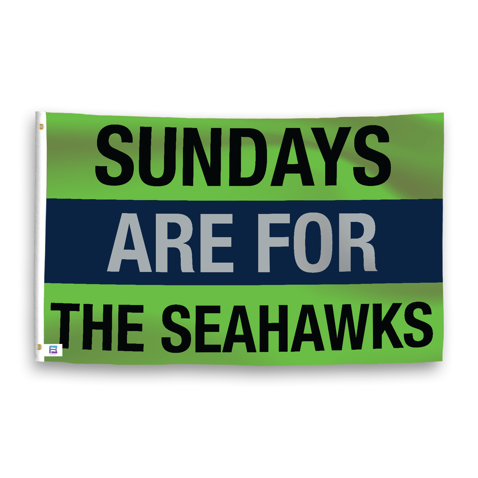 A flag with the saying "https://www.dropbox.com/scl/fi/yr7w1cie8vxcqf6c4ih43/sundays-are-for-the-seahawks_ripple.png?rlkey=6xkdy9slqxlm1jbyl9bl3revn&raw=1", with the sports team color scheme.