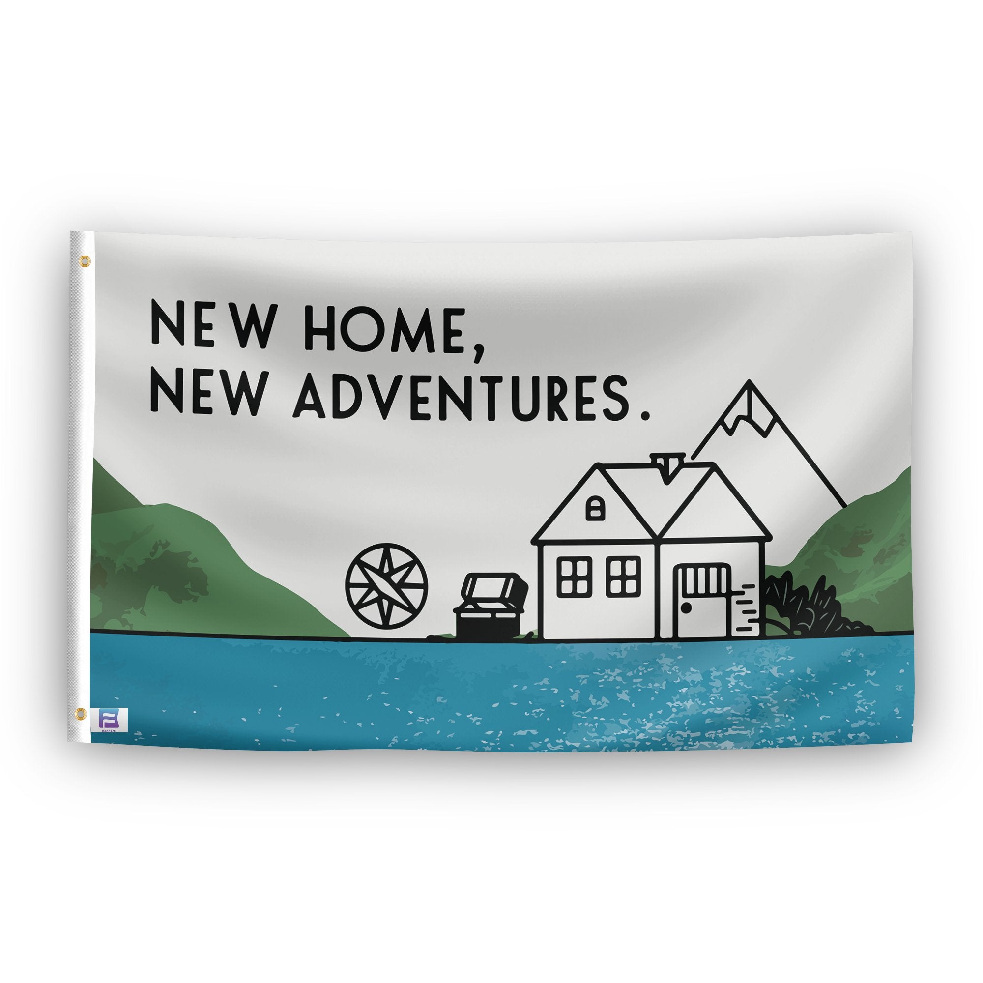 A flag with the saying "New Home New Adventures House", with a special occasion color scheme.