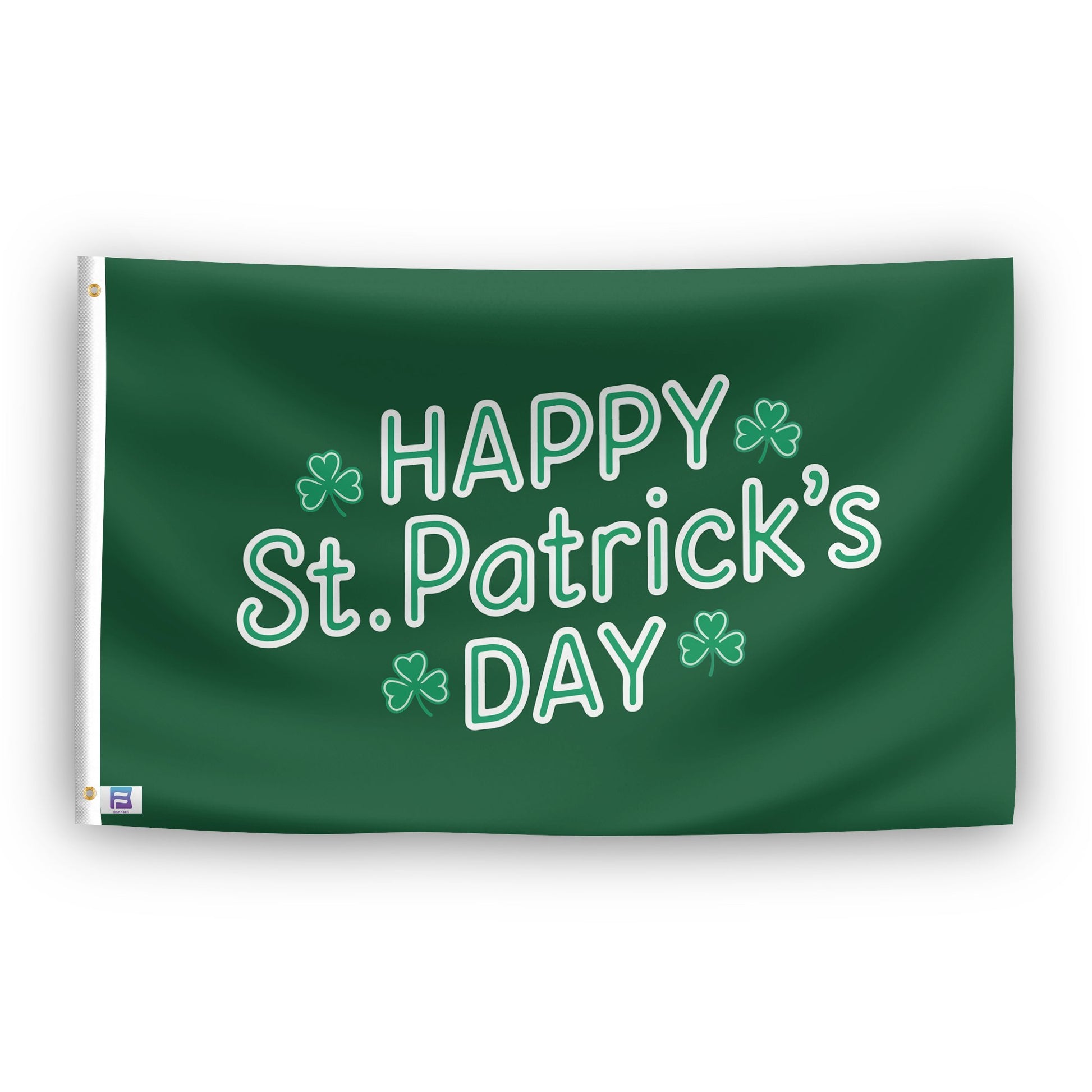 A flag with the saying "Happy St. Patrick's Day", with a holiday themed color scheme.