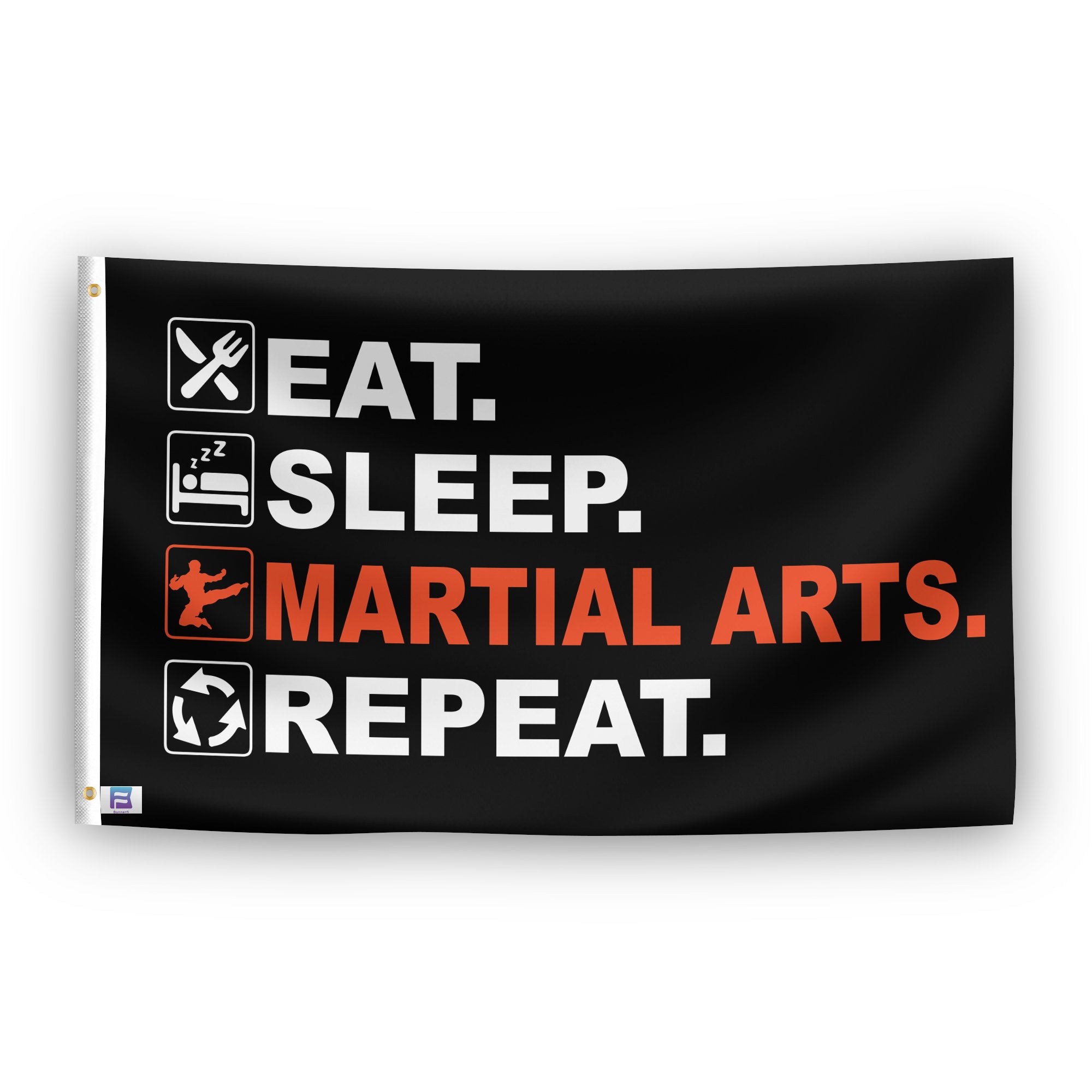 A flag with the saying "Eat Sleep Martial Arts Repeat", with a black, white and themed color scheme.