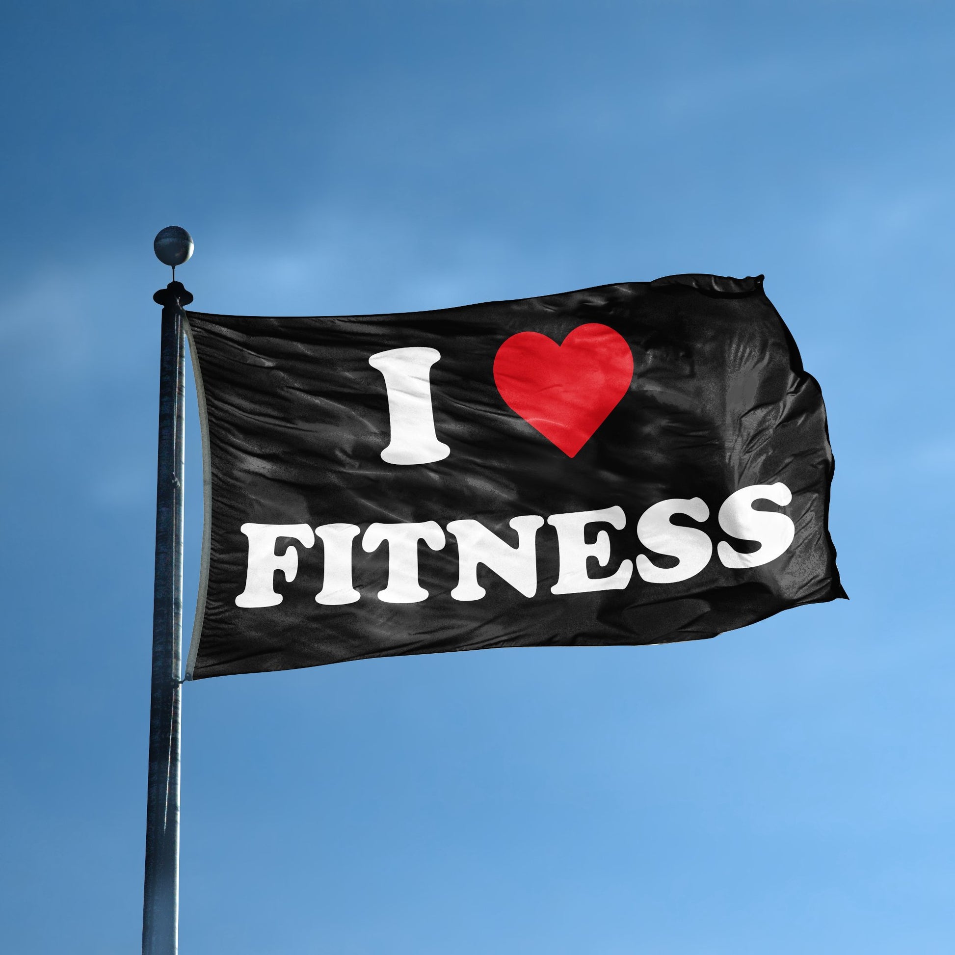 A flag with the saying "I Love Fitness" displayed on a high pole, with a black, white and red color scheme.