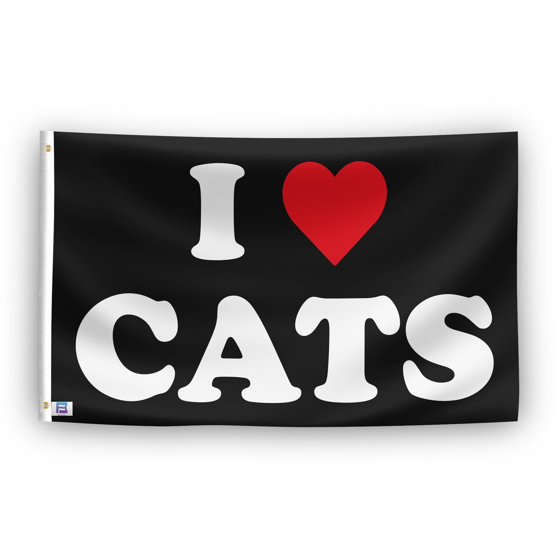 A flag with the saying "I Love Cats", with a black, white and red color scheme.