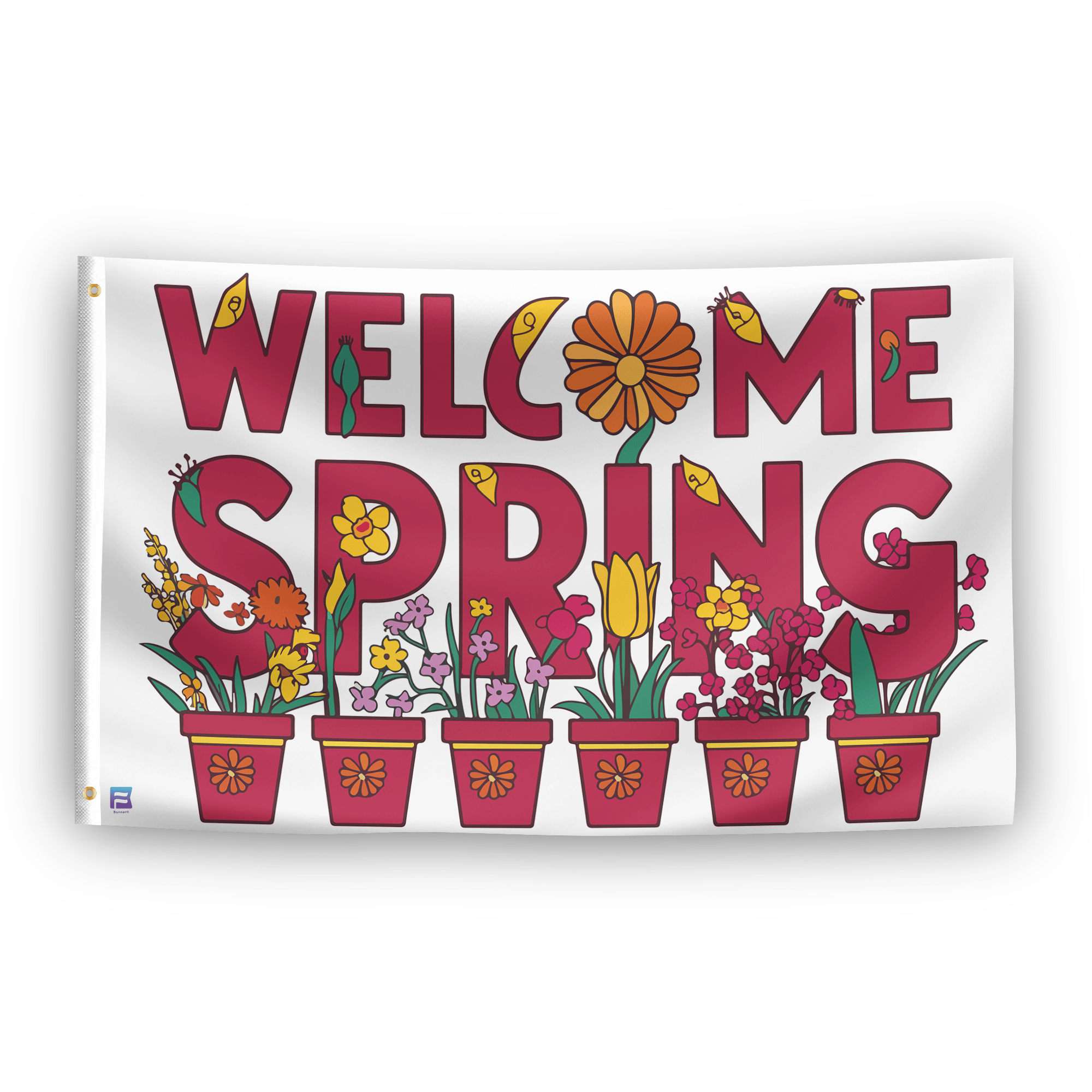 A flag with the saying "Welcome Spring Floral", with a special occasion color scheme.