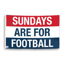 Load image into Gallery viewer, A flag with the saying &quot;https://www.dropbox.com/scl/fi/y9k28xtcqe7sp7zp4ky2e/sundays-are-for-football_ripple.png?rlkey=vv5udjpku1pvg5ehvozzwpjlu&amp;raw=1&quot;, with a red, white, and blue color scheme.
