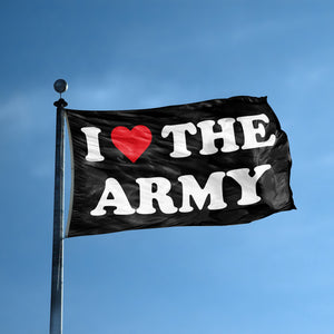 A flag with the saying "I Love The Army" displayed on a high pole, with a black, white and red color scheme.